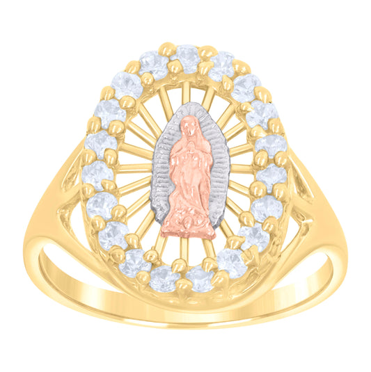 10K Tri-Color Gold Womens Cubic Zirconia Lady Of Guadalupe Religious Ring
