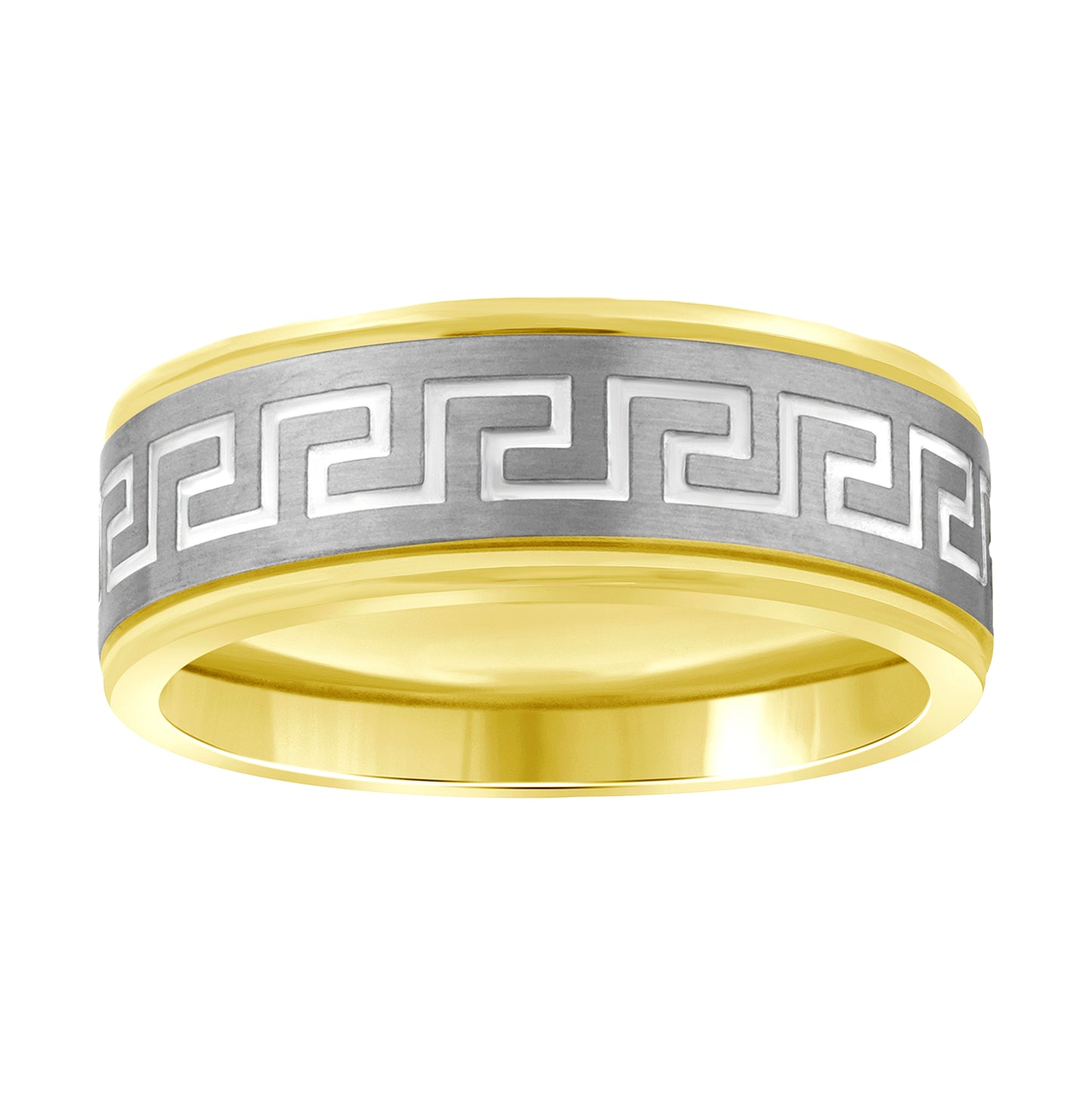 Stainless Steel Mens Two-Tone Greek Key Pattern Center Brushed Step Edges Comfort-Fit Band