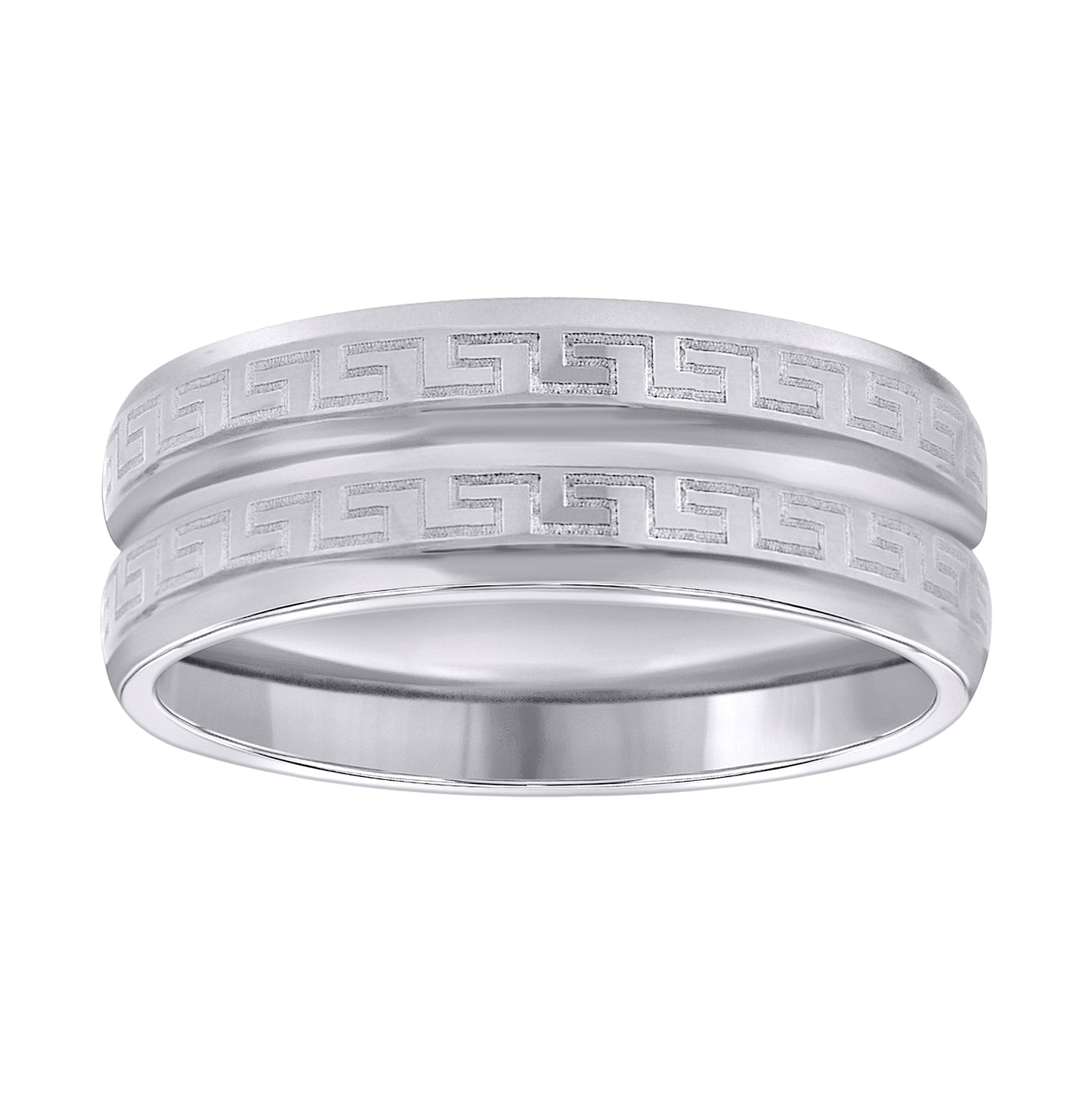 Stainless Steel Or Two-Tone Mens Center Grooved Greek Key Pattern Sizes 7 - 14 Comfort-Fit Fashion Bridal Anniversary Wedding Engagement Band Ring