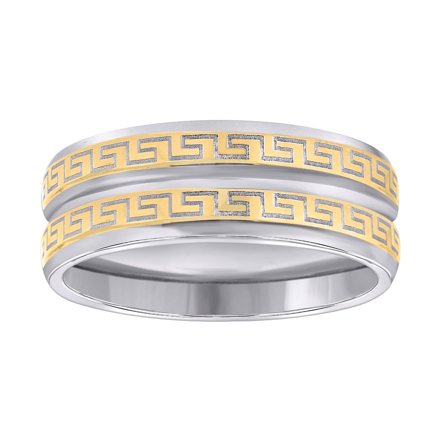 Stainless Steel Or Two-Tone Mens Center Grooved Greek Key Pattern Sizes 7 - 14 Comfort-Fit Fashion Bridal Anniversary Wedding Engagement Band Ring