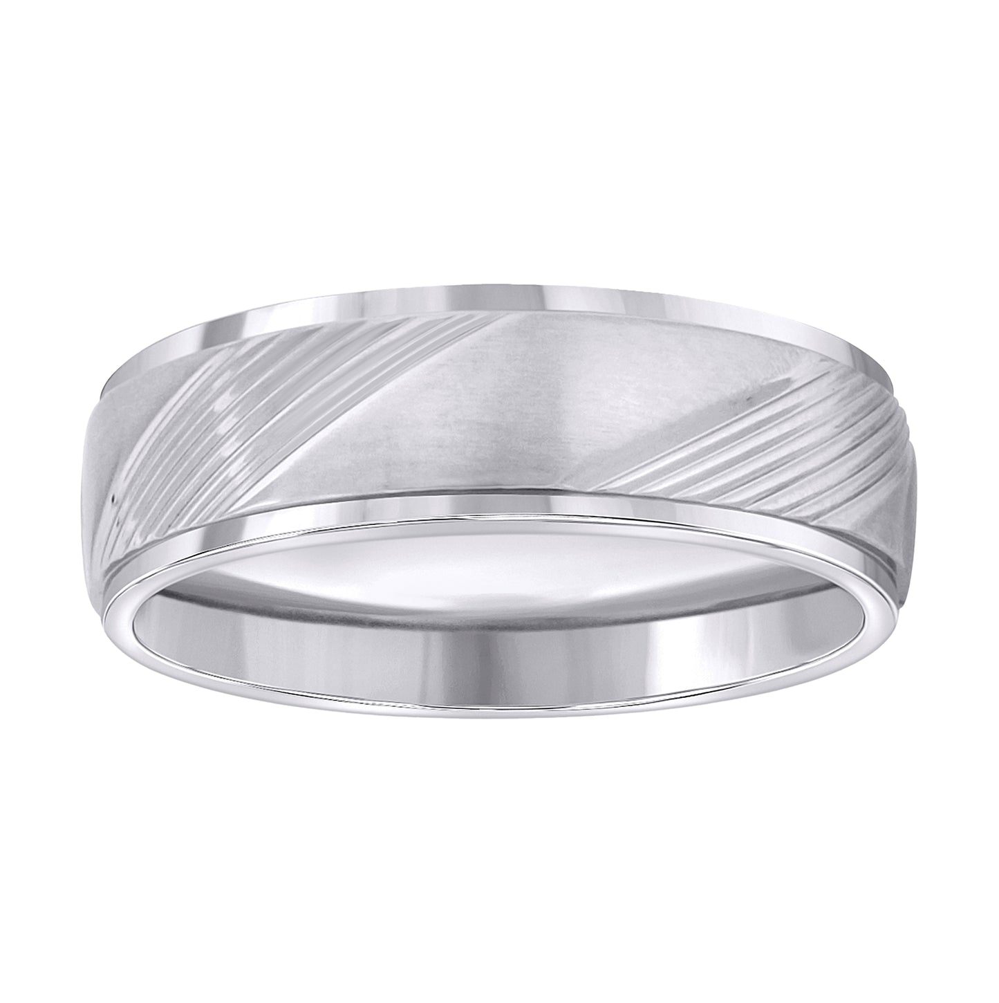 Stainless Steel Mens Laser Cut Diagonal Lines Brushed Center Step Edges Comfort-Fit Band