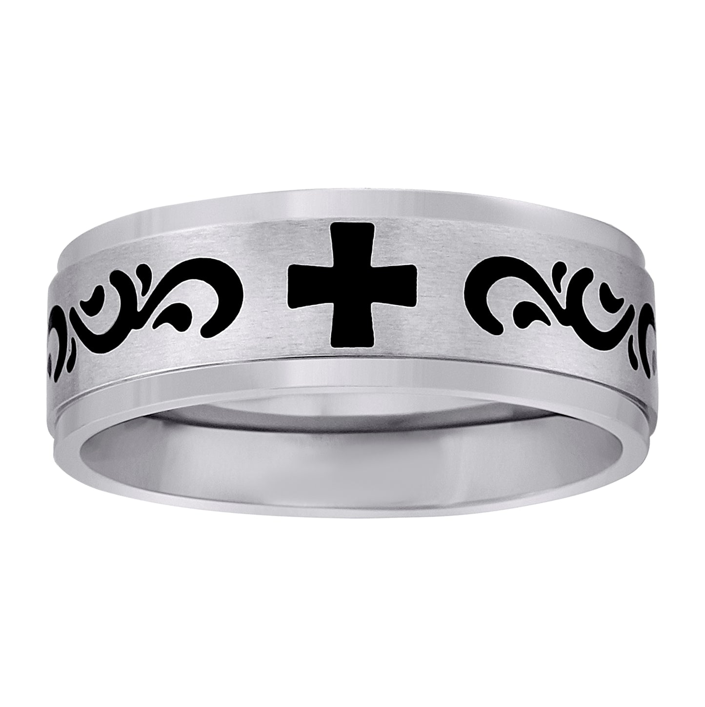 Stainless Steel Mens Two-Tone Black Greek Cross Center Brushed Comfort-Fit Fashion Bridal Anniversary Wedding Engagement Band Ring