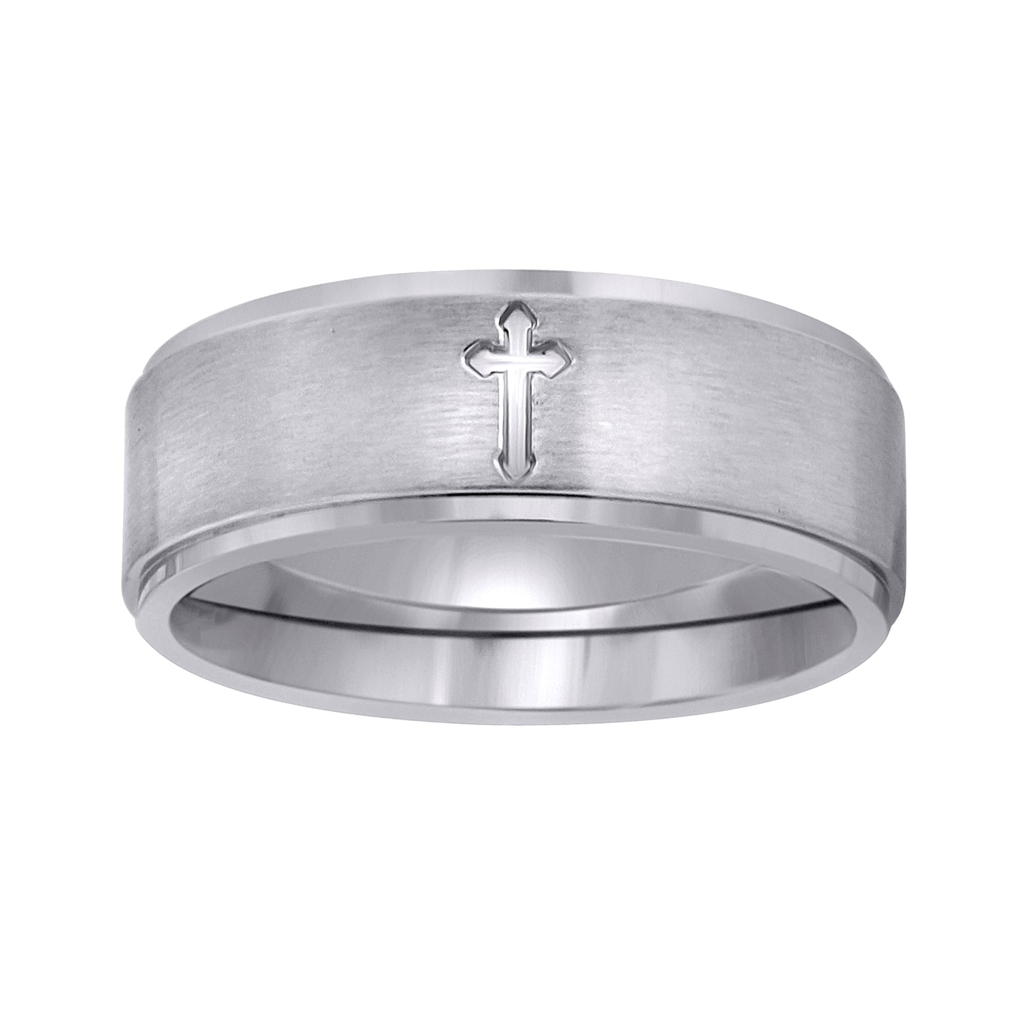 Stainless Steel Mens Center Brushed Engraved Cross Sizes 7 - 14 Comfort-Fit Fashion Bridal Anniversary Wedding Engagement Band Ring
