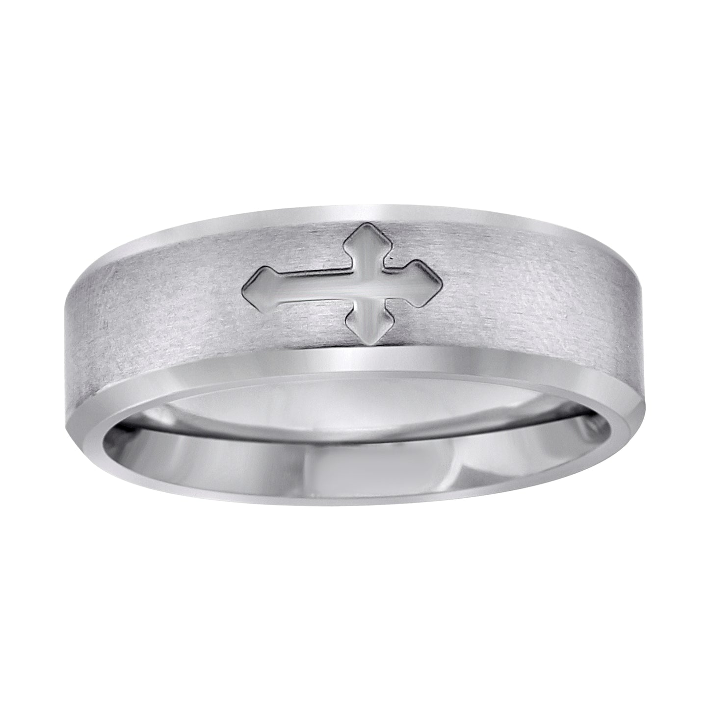 Stainless Steel Mens Center Brushed Cross Beveled Edges Sizes 7 - 14 Comfort-Fit Fashion Bridal Anniversary Wedding Engagement Band Ring