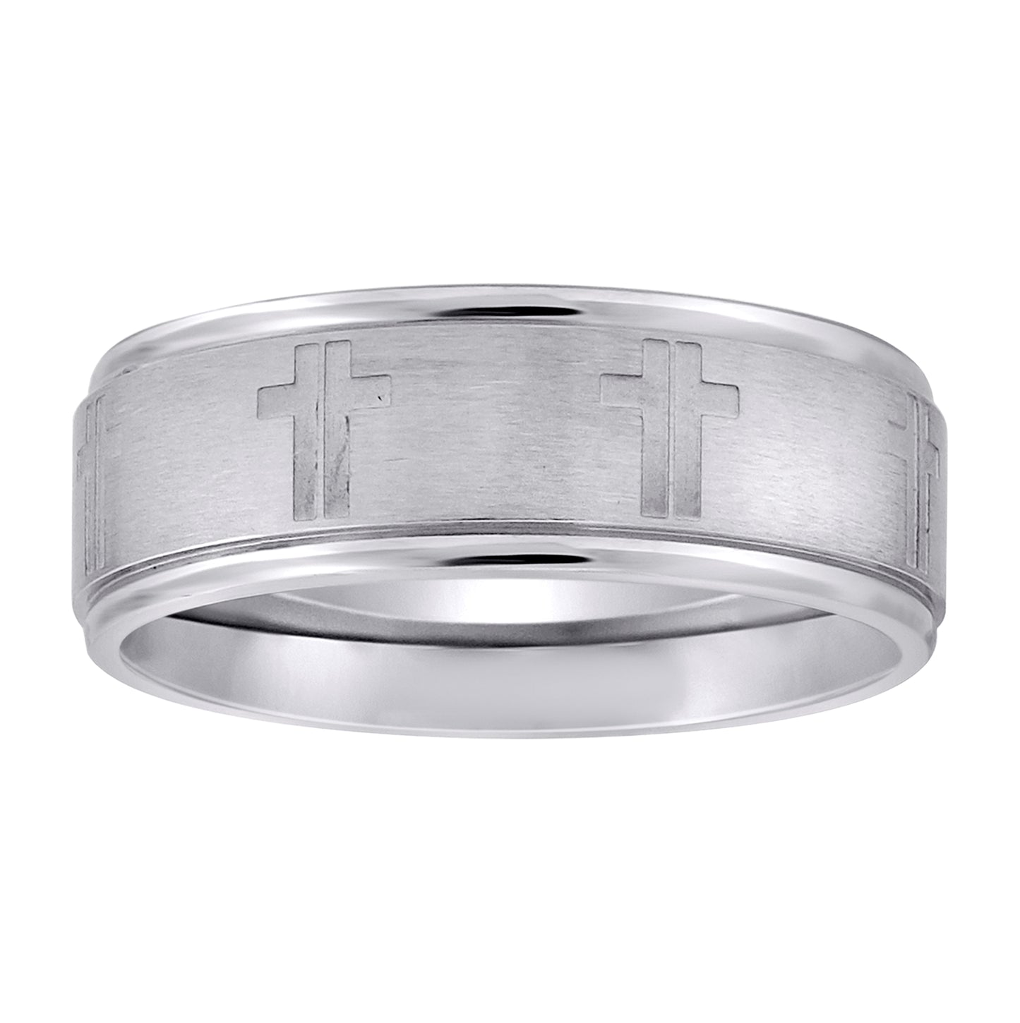 Stainless Steel Mens Center Brushed With Cross Step Edges Sizes 7 - 14 Comfort-Fit Fashion Bridal Anniversary Wedding Engagement Band Ring