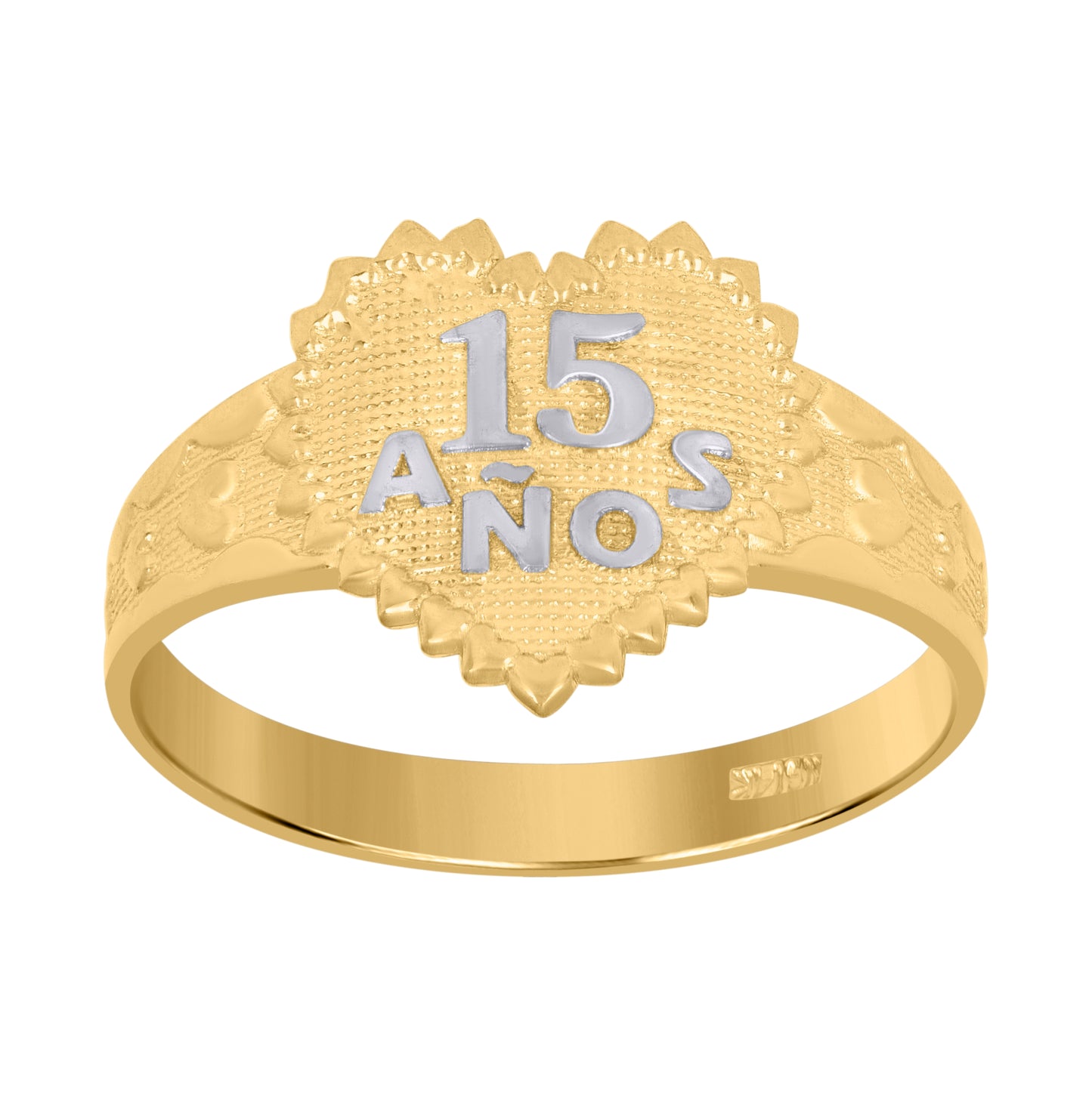 14K Gold Womens Two-Tone Diamond-Cut 15 Anos Heart Size 7 Quinceanera Band Ring
