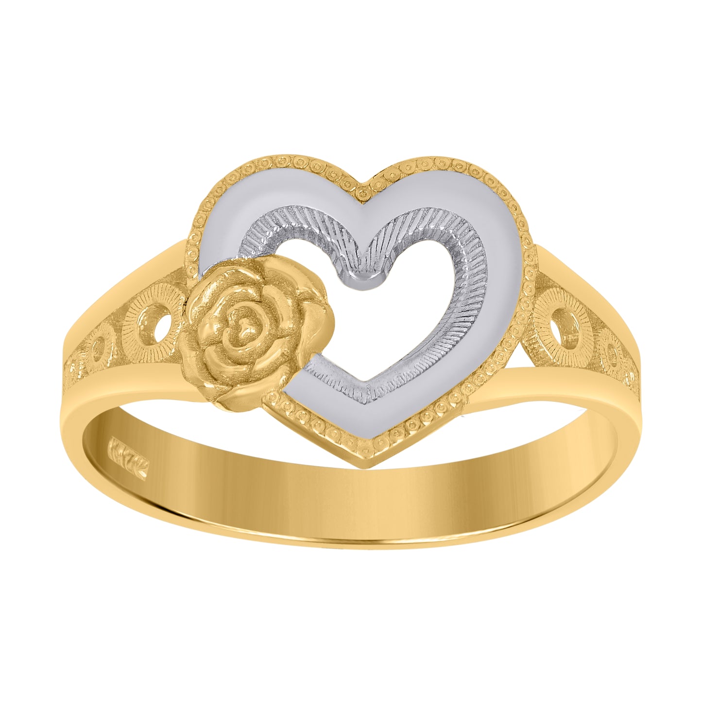 14K Gold Womens Two-Tone Diamond-Cut Heart Rose Size 7 Band Ring