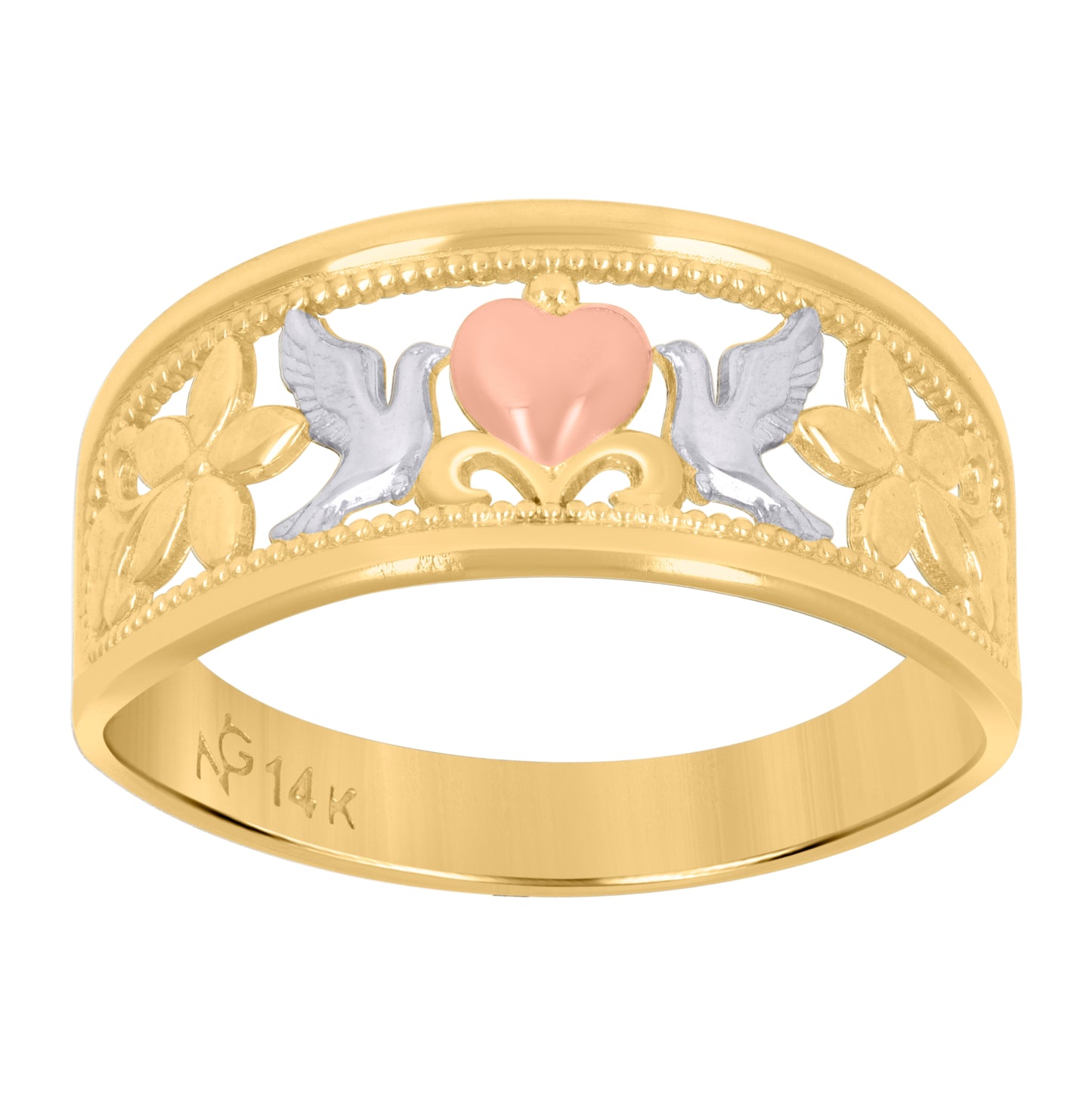 14K Gold Womens Tri-Color Heart Pigeons Size 7 Peace Band Ring