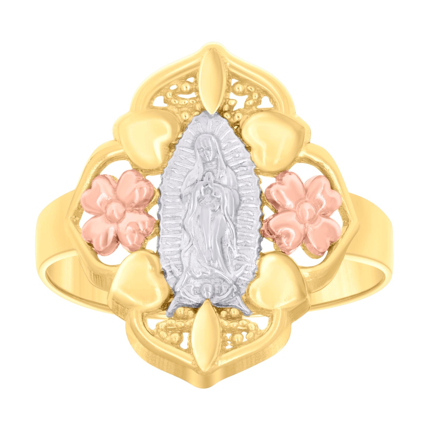14K Gold Womens Tri-Color Guadalupe Mary Flower Heart Size 7 Religious Band Ring