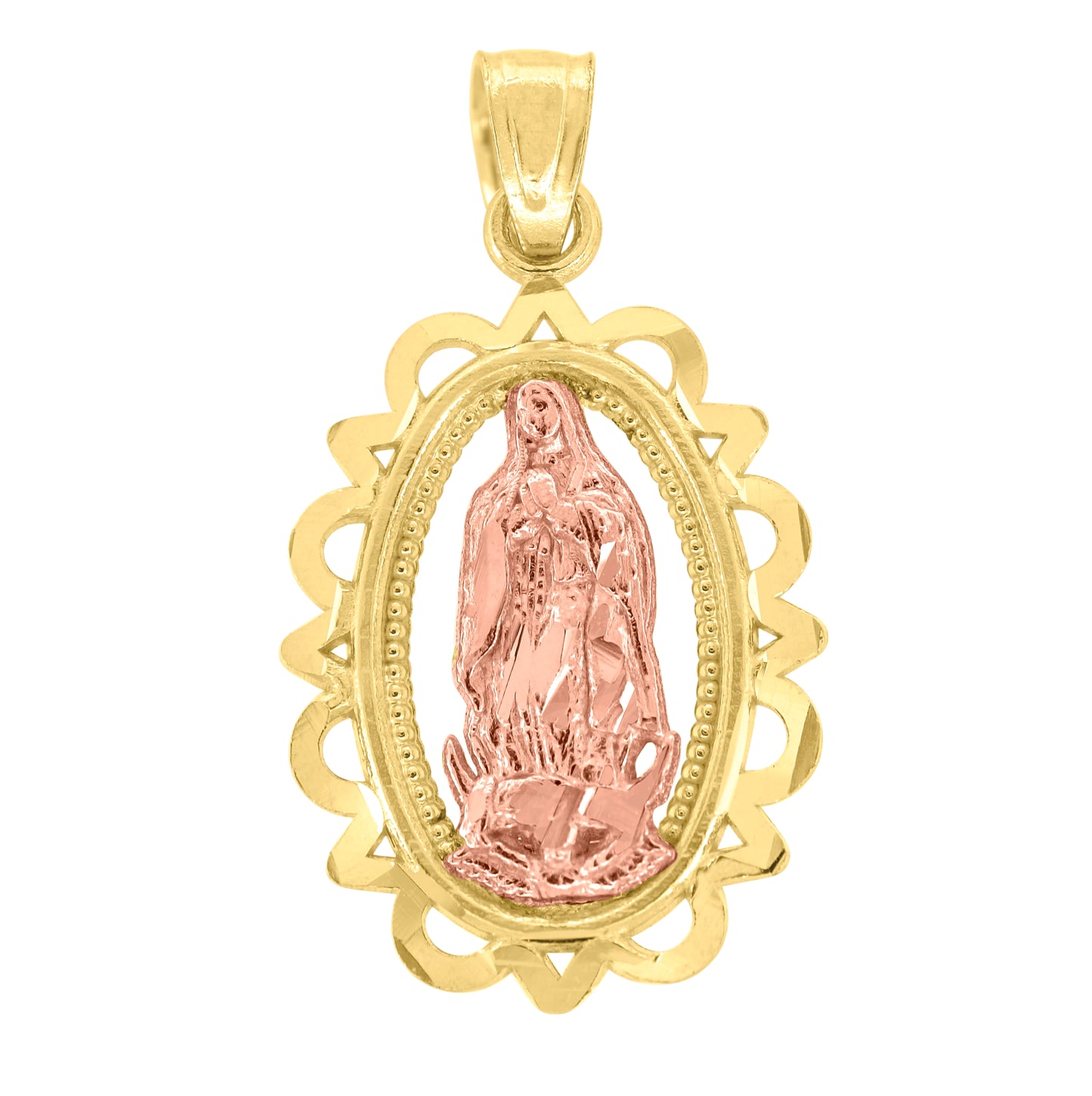 14K Gold Unisex Two-Tone Guadalupe Mary Oval Religious Ht:23.9Mm Pendant Charm