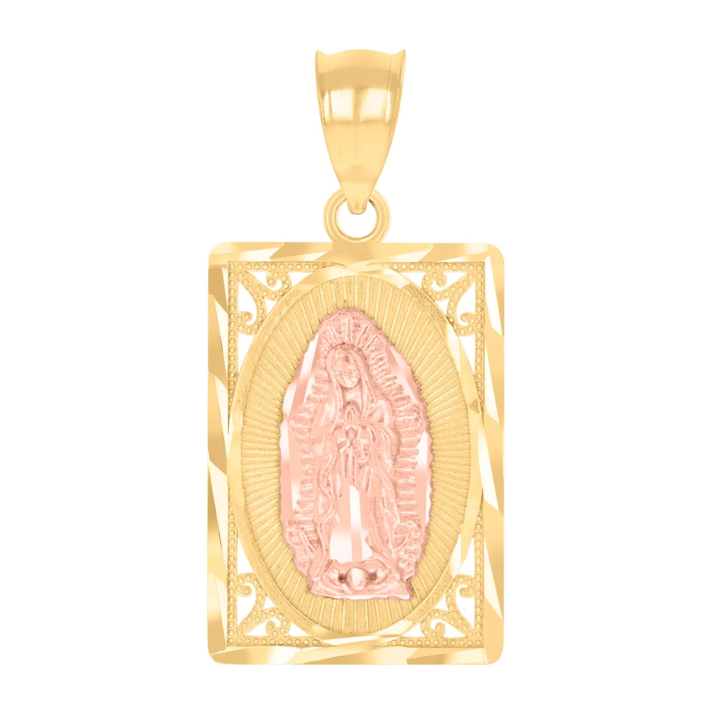 14K Gold Unisex Two-Tone Diamond-Cut Guadalupe Mary Rectangle Religious Pendant Charm