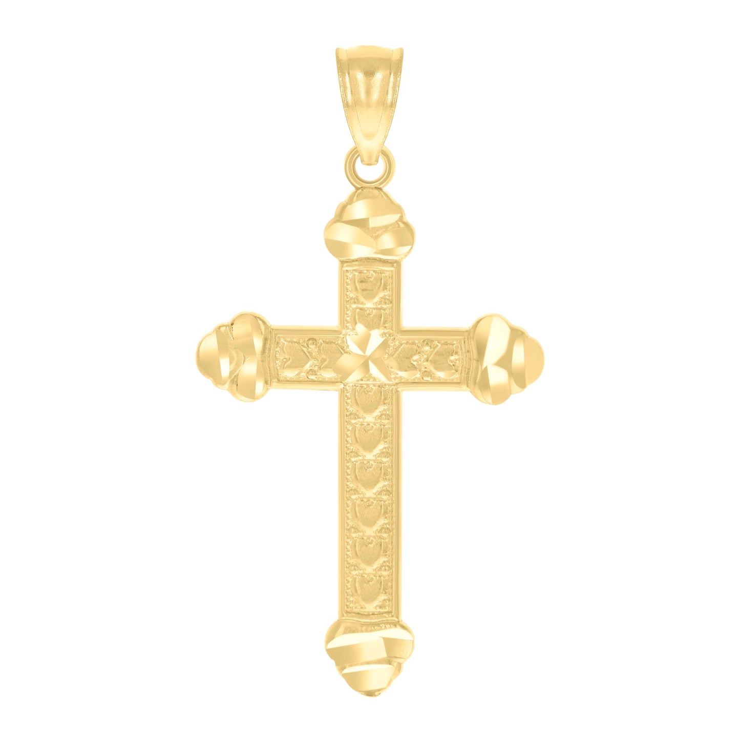 14K Yellow Gold Unisex Diamond-Cut Cross Hearts Religious Pendant Charm
