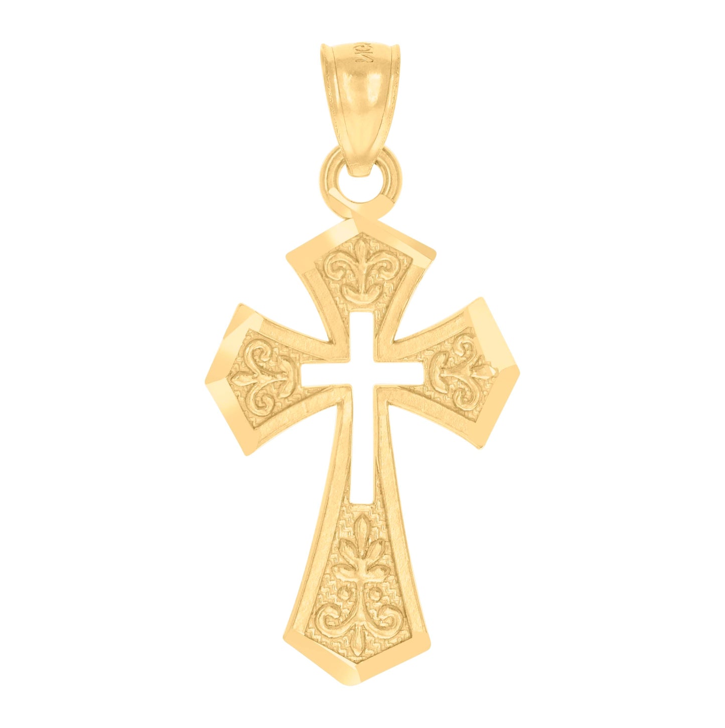 14K Yellow Gold Unisex Diamond-Cut Cross Ht:25.7Mm Religious Pendant Charm