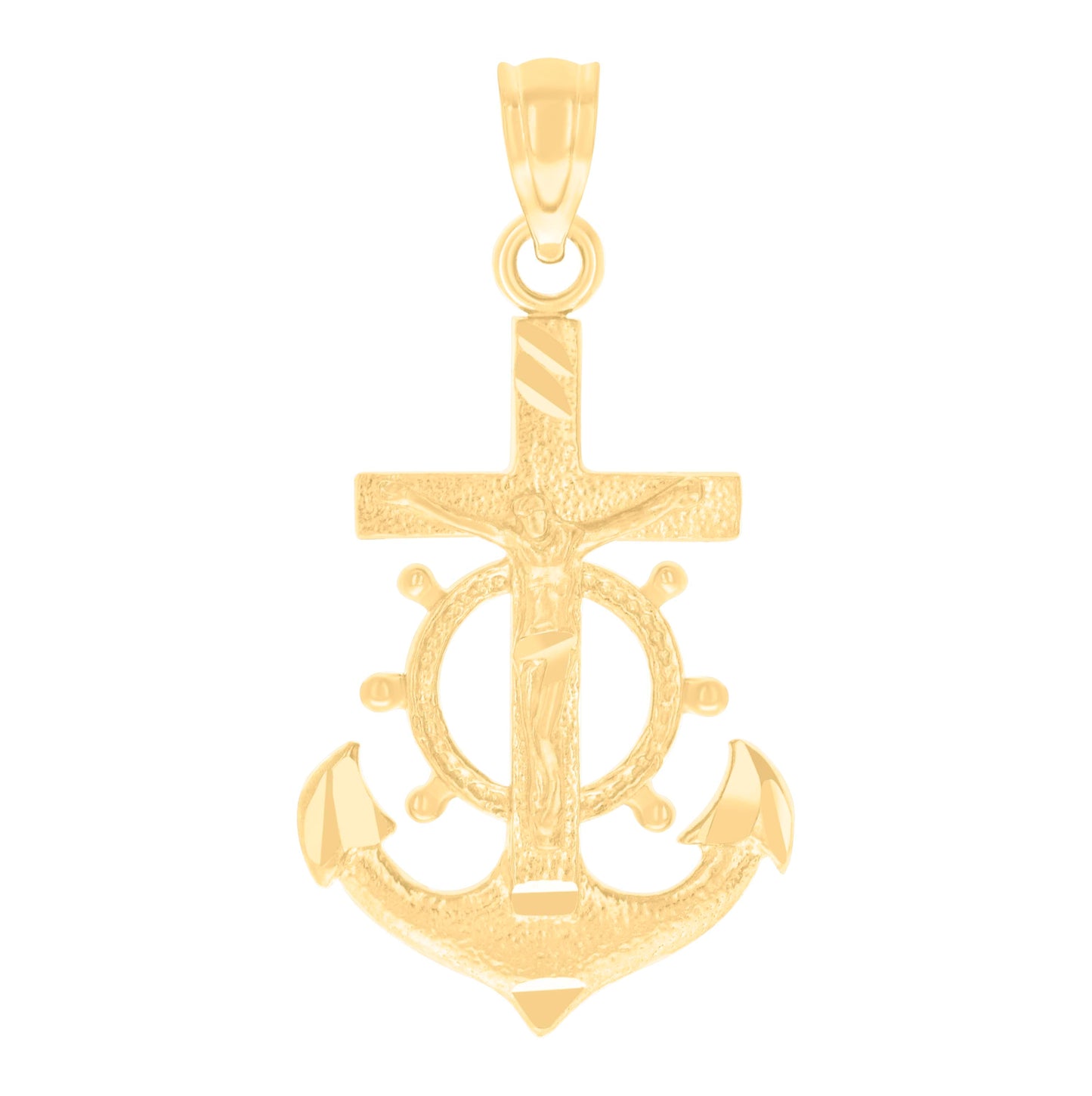 14K Yellow Gold Unisex Diamond-Cut Anchor Cross Crucifix Ht:26.8Mm Religious Pendant Charm