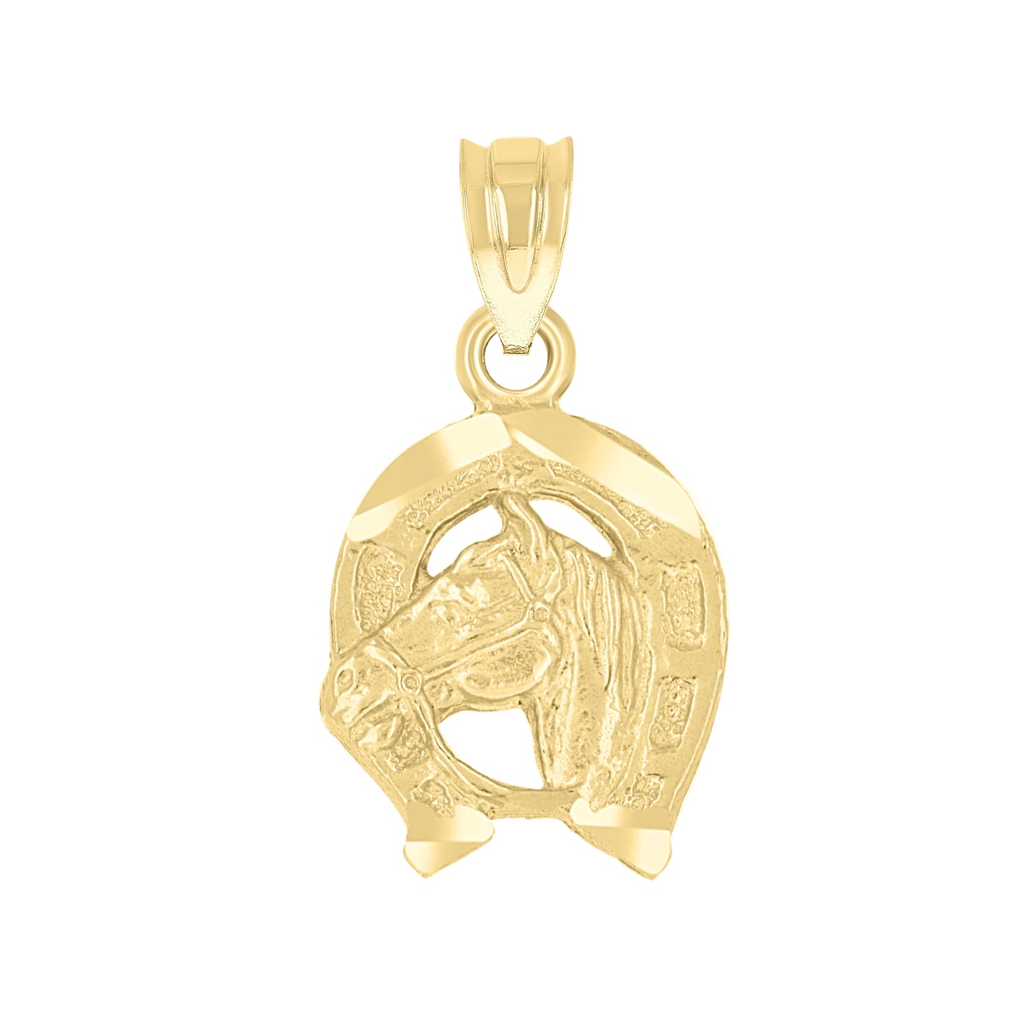 14K Yellow Gold Unisex Diamond-Cut Horse Shoe Animal Ht:18.7Mm Good Luck Pendant Charm