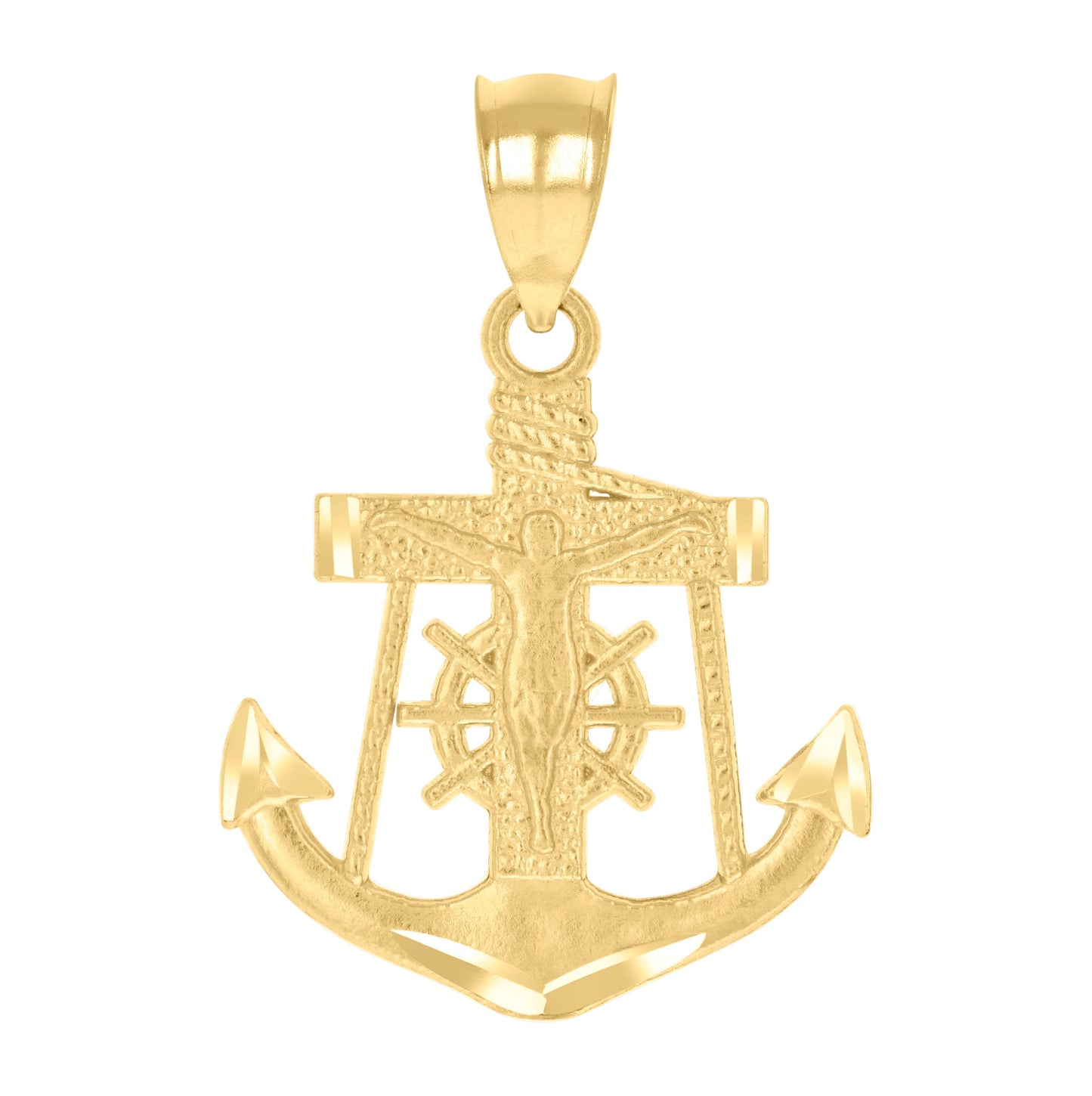 14K Yellow Gold Unisex Diamond-Cut Anchor Cross Crucifix Religious Pendant Charm