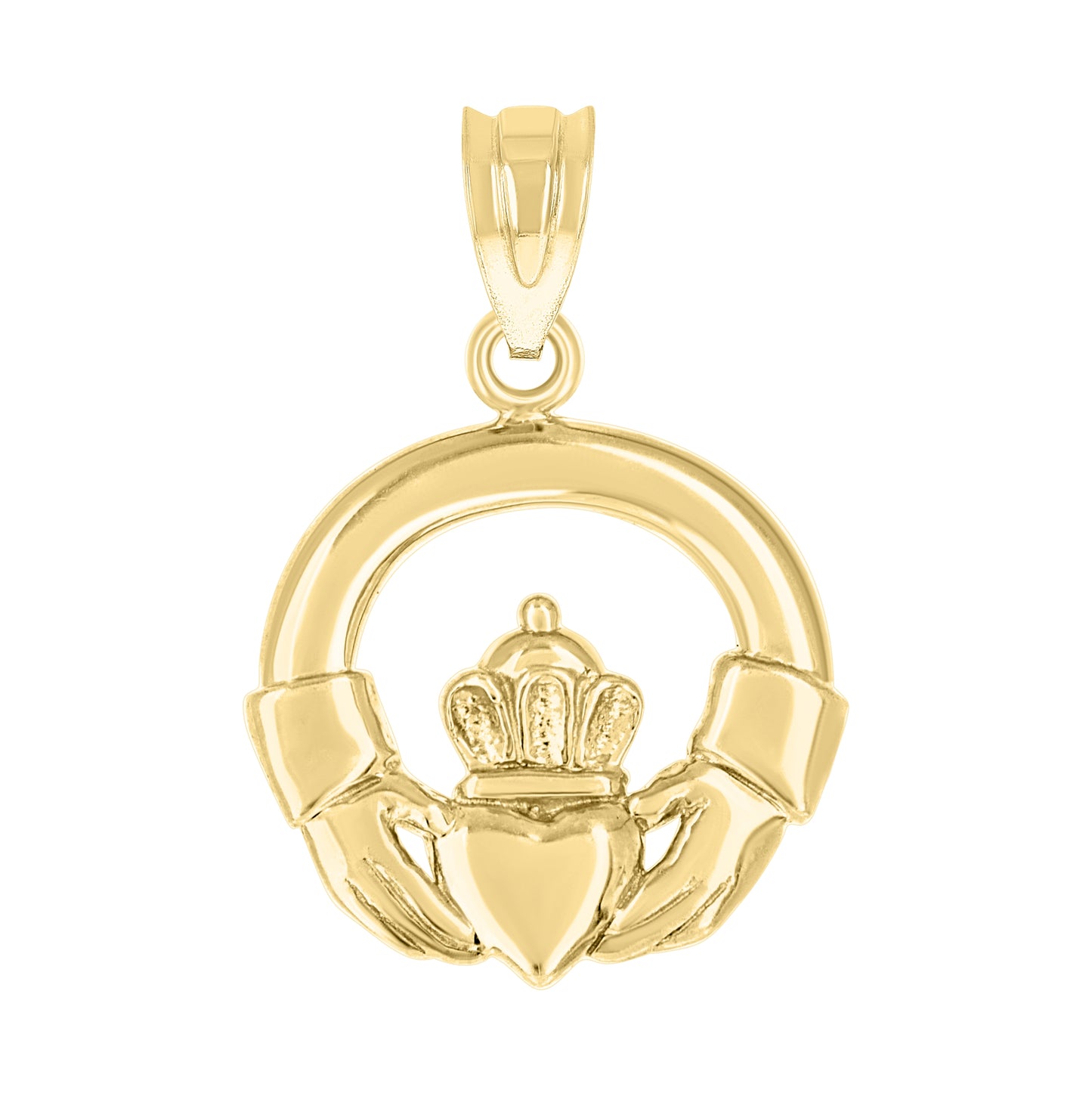 14K Yellow Gold Unisex Diamond-Cut Circle Heart Crown Hands Claddagh Ht:19.4Mm Good Luck Pendant Charm