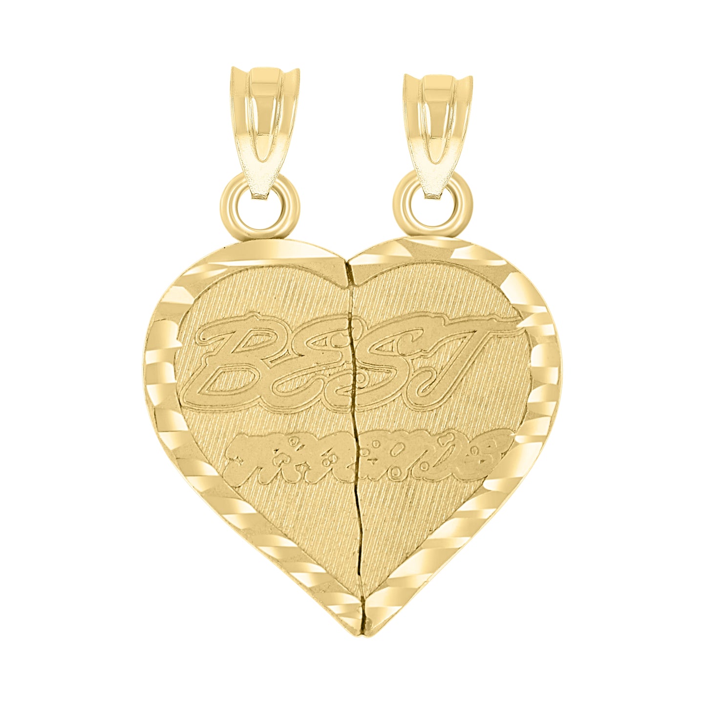 14K Yellow Gold Unisex Diamond-Cut Best Friends Broken Heart Pendant Charm