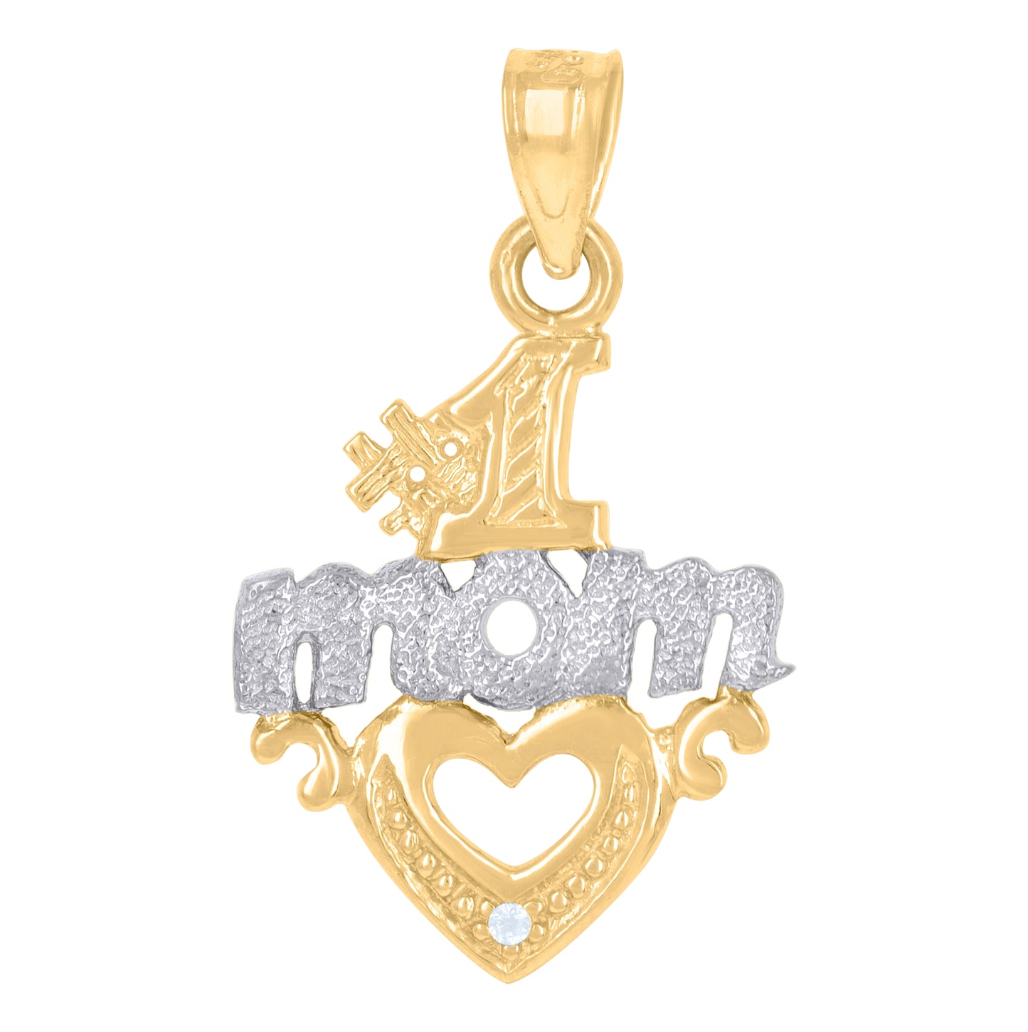 14K Gold Womens Two-Tone Cubic-Zirconia No.1 Mom Heart Ht:23.9Mm Pendant Charm