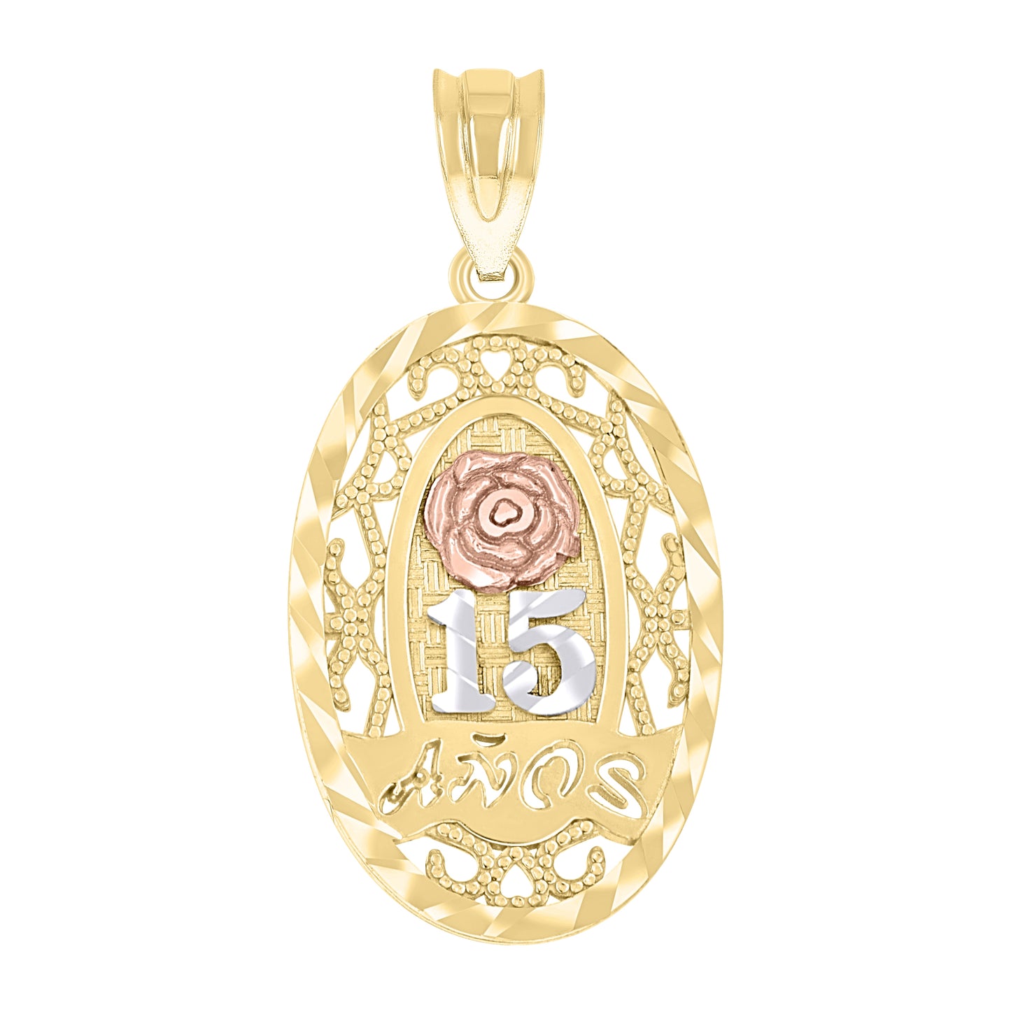 14K Gold Womens Tri-Color Diamond-Cut 15 Anos Oval Rose Quinceanera Pendant Charm