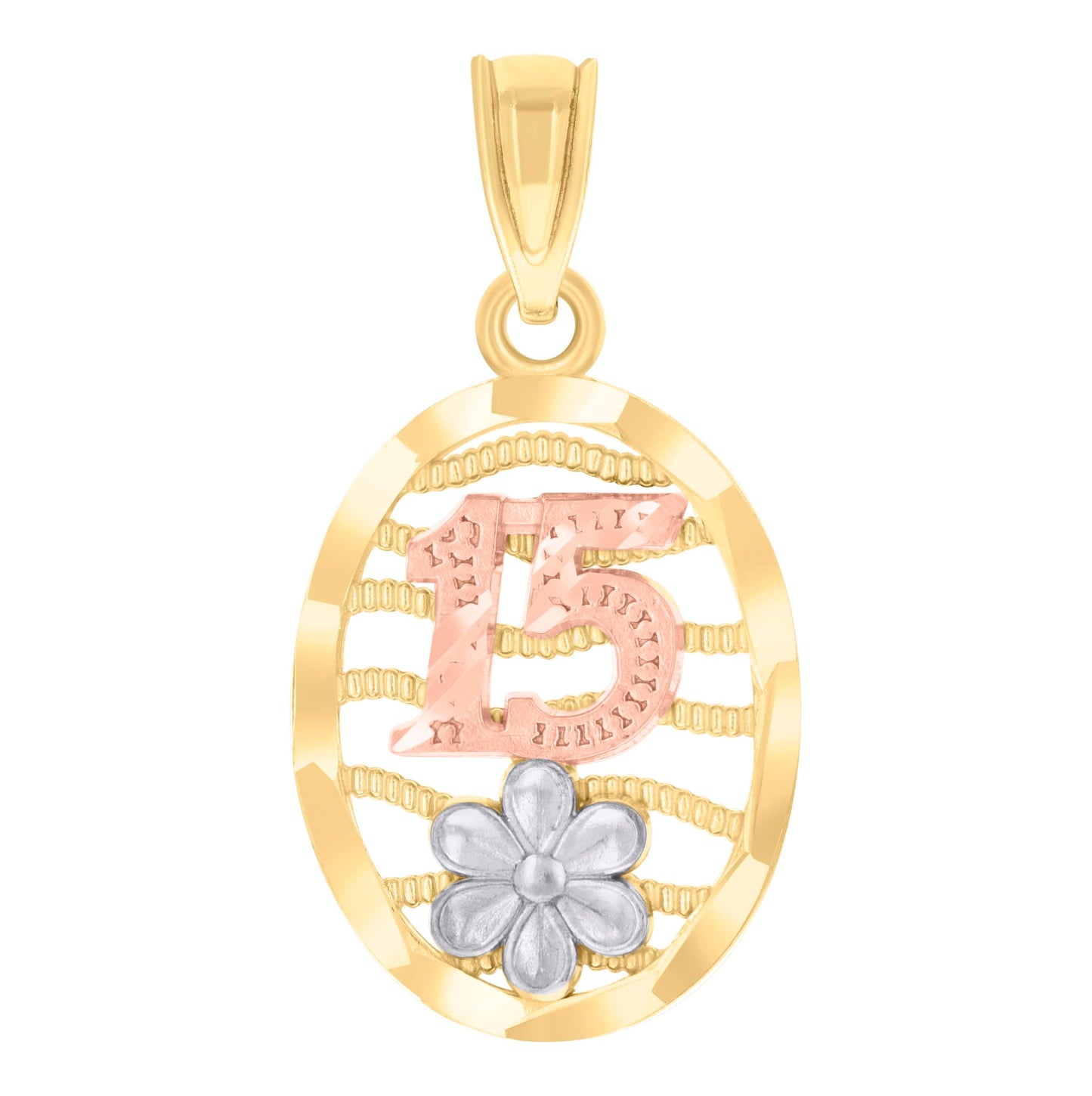 14K Tri-Color Gold Womens Diamond-Cut Textured 15 Anos Charm Pendant