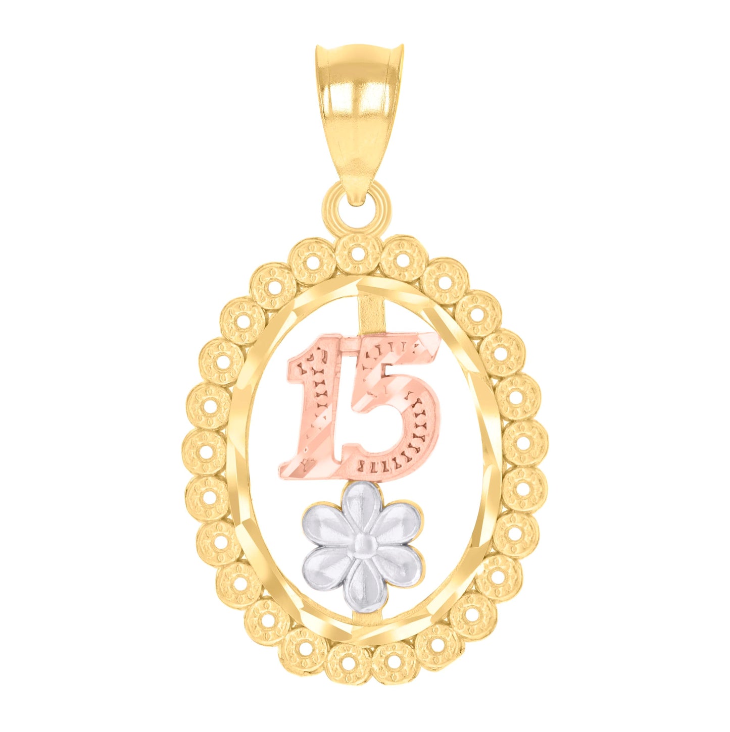 14K Gold Womens Tri-Color 15 Anos Quinceanera Pendant Charm