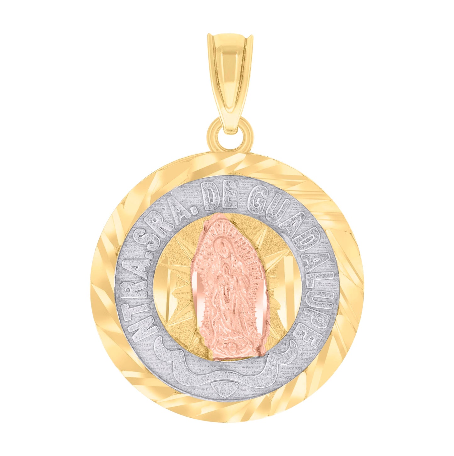 14K Gold Unisex Tri-Color Diamond-Cut Ntra Sra De Guadalupe Medallion Religious Pendant Charm