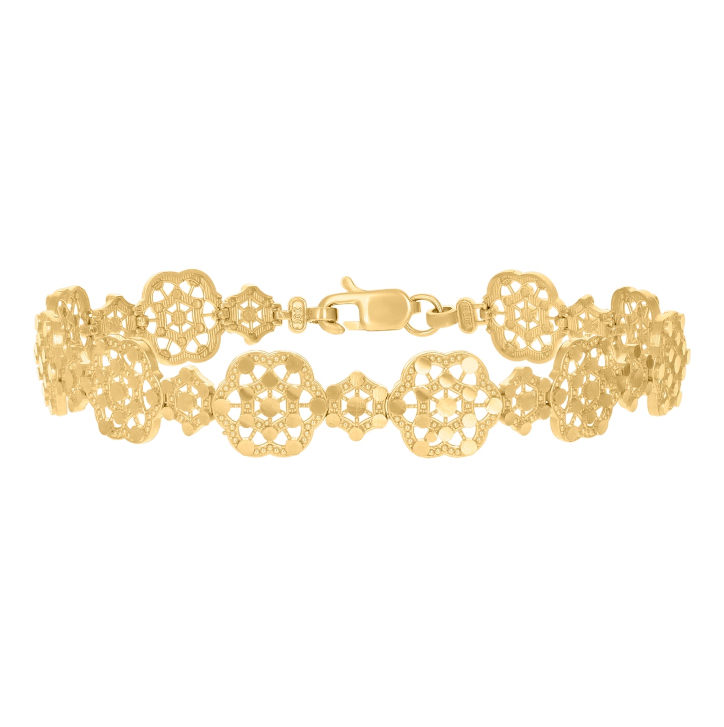 10K Yellow Gold Womens Flower Link 8" Bracelet