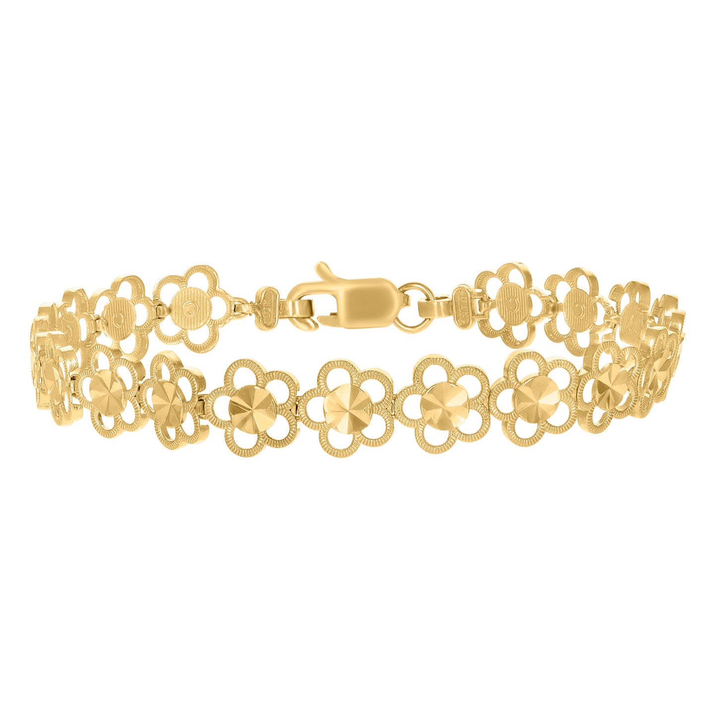 10K Yellow Gold Womens Flower Link 7" Bracelet
