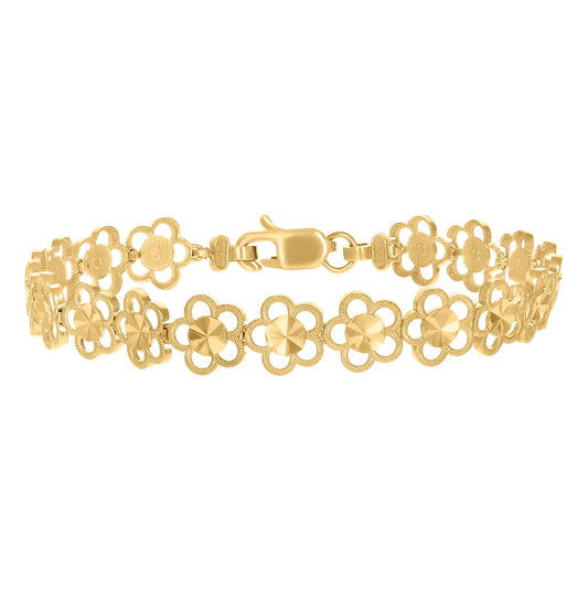 10K Yellow Gold Womens Flower Link 8" Bracelet