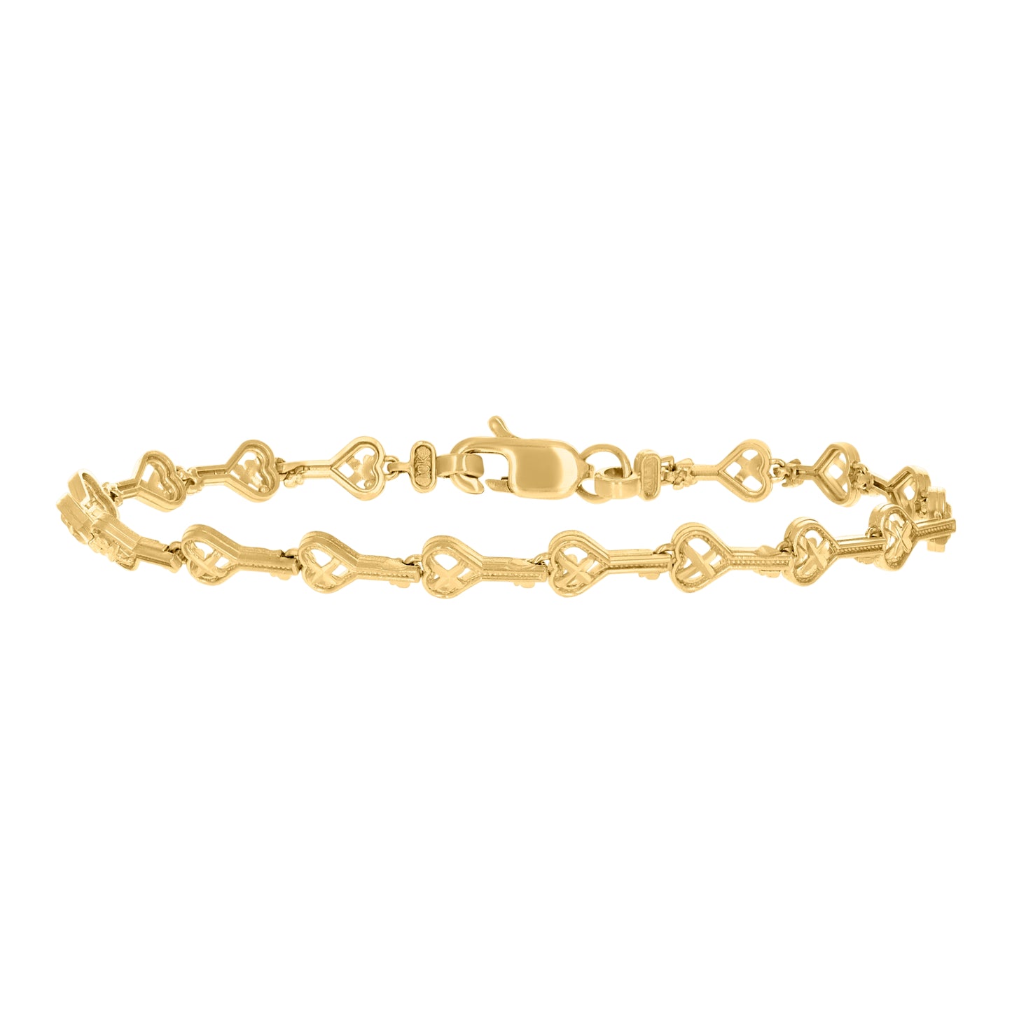 10K Yellow Gold Womens Heart Key Lock & Key Link 7" Bracelet