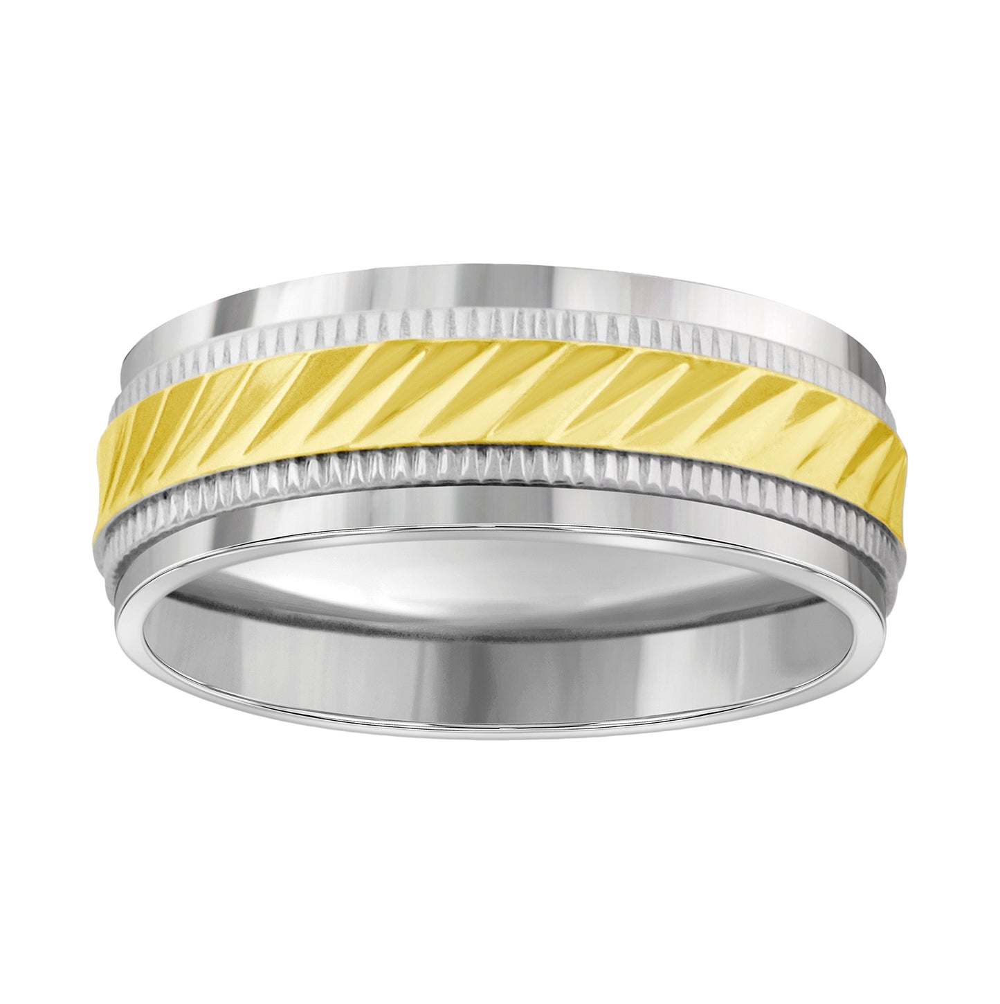 Stainless Steel Mens Two-Tone Grooved Milgrain Sizes 7 - 14 Comfort-Fit Fashion Bridal Anniversary Wedding Engagement Band Ring