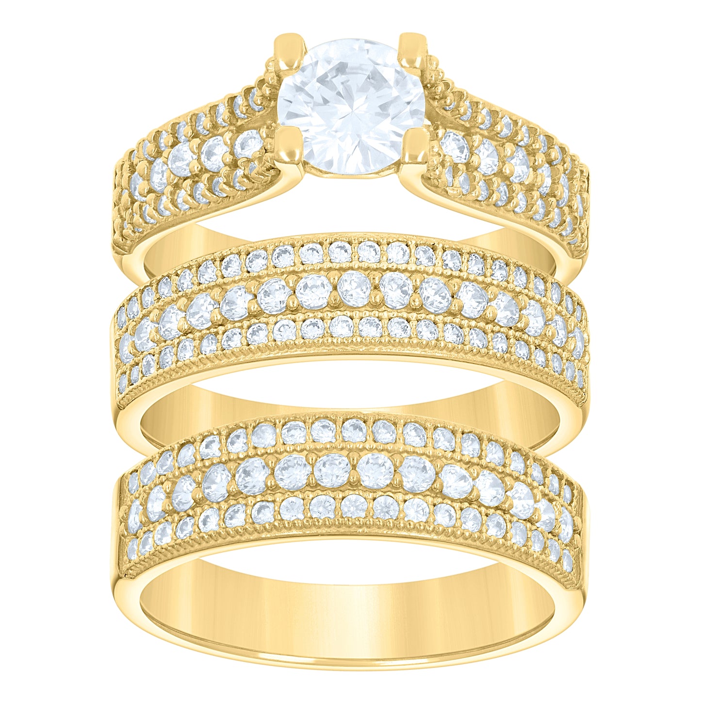 14K Gold Womens Two-Tone Cubic-Zirconia 3 Rows Trio His Hers Center Stone Wedding Engagement Bridal Set Ring