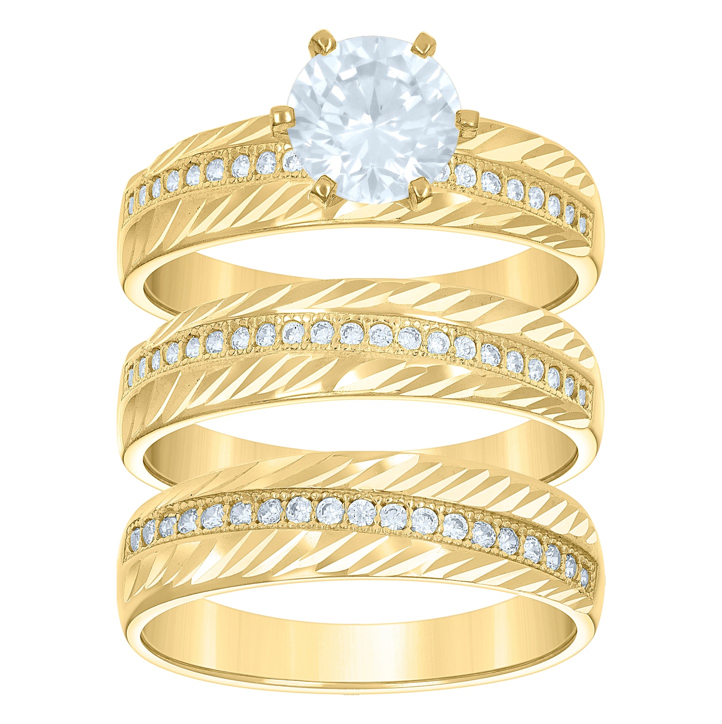 14K Gold Womens Two-Tone Diamond-Cut Cubic-Zirconia Trio His Hers Center Stone Raised Wedding Engagement Bridal Set Ring