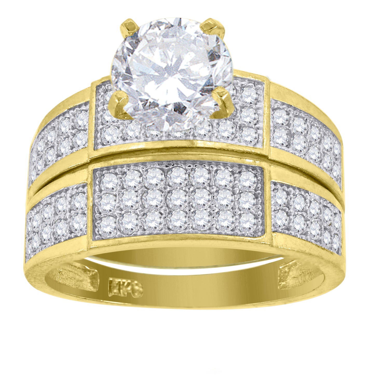 14K Gold Womens Two-Tone Cubic-Zirconia Trio His Hers Center Stone Wedding Engagement Bridal Set Band Ring