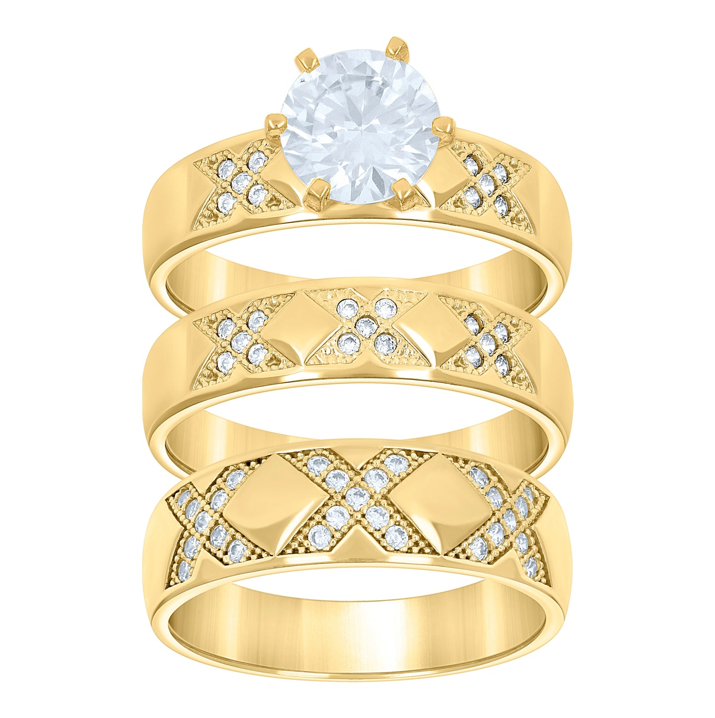 14K Gold Womens Two-Tone Cubic-Zirconia Trio His Hers Center Raided Stone Wedding Engagement Bridal Set Ring