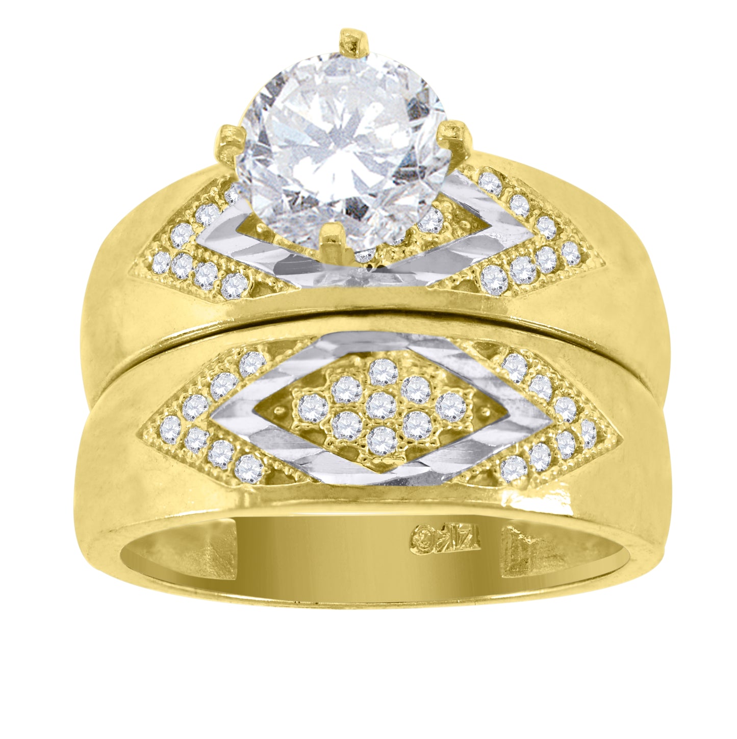 14K Gold Womens Two-Tone Diamond-Cut Cubic-Zirconia Kite Shape Trio His Hers Center Stone Wedding Bridal Set Ring