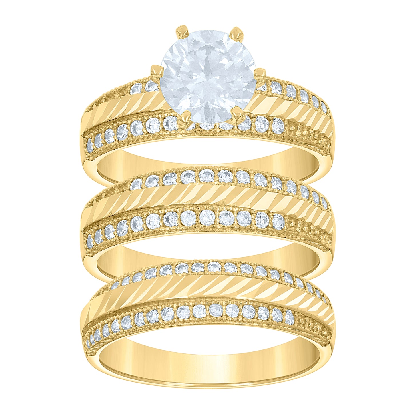 14K Gold Womens Two-Tone Cubic-Zirconia Diamond-Cut Center Trio His Hers Center Stone Wedding Engagement Bridal Set Ring
