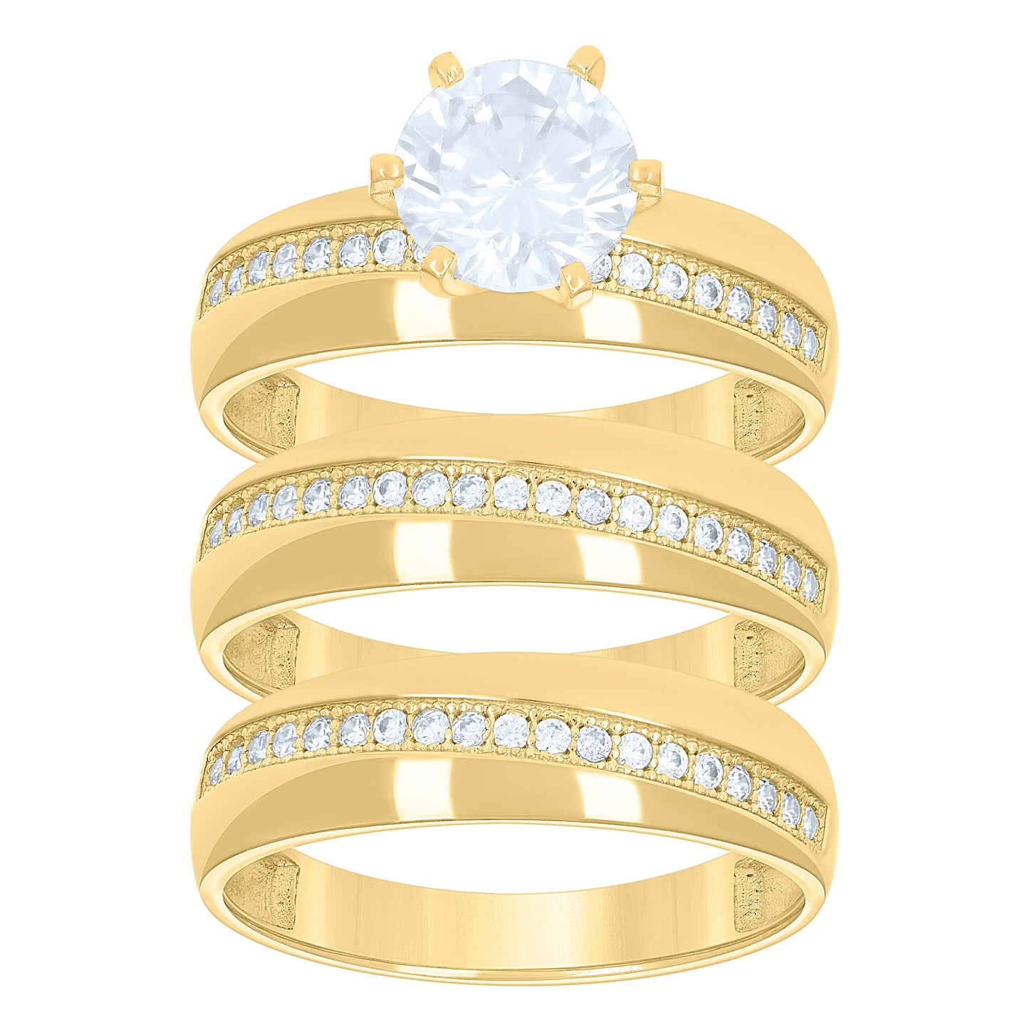 14K Gold Two-Tone Womens Cubic-Zirconia Diagonal Line Trio His Hers Wedding Engagement Bridal Set Ring
