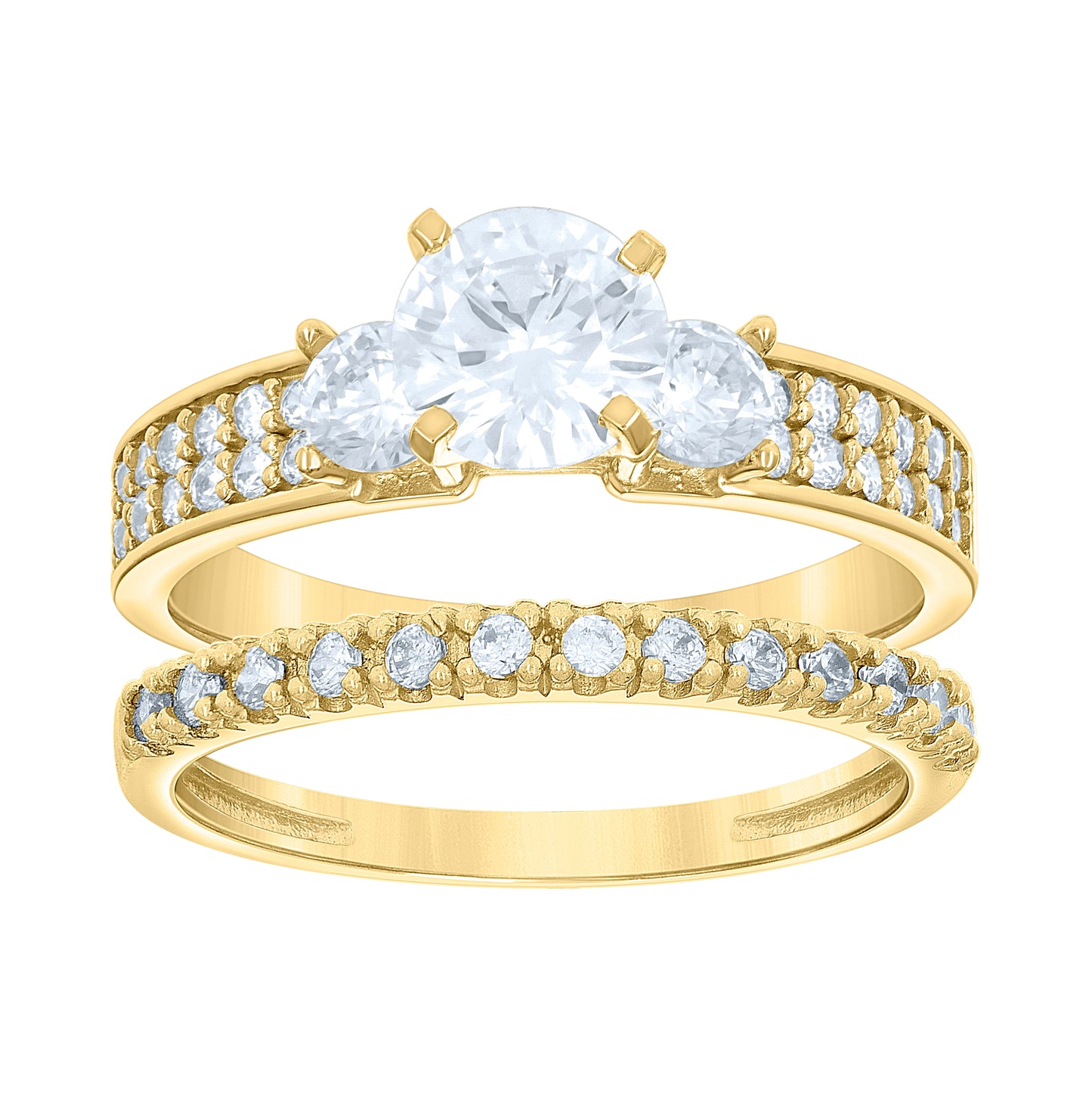 14K Gold Womens Two-Tone Cubic-Zirconia Duo Three Center Stone White Size 7 Wedding Engagement Bridal Set Ring