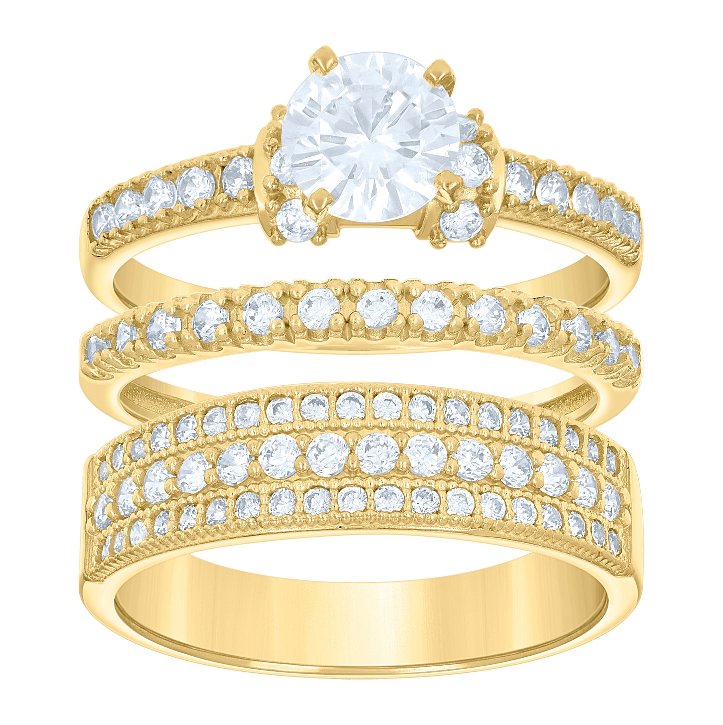 14K Gold Womens Two-Tone Cubic-Zirconia Trio His Hers Center Stone White Wedding Engagement Bridal Set Ring