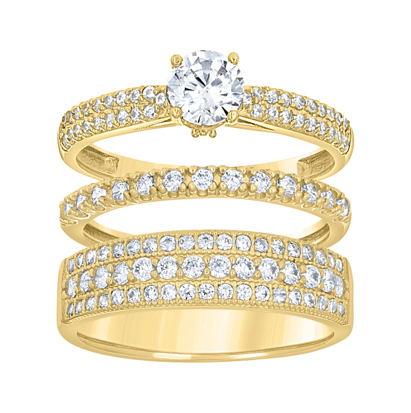 14K Gold Two-Tone Cubic-Zirconia Trio His Hers Center Stone White Wedding Engagement Bridal Set Band Ring