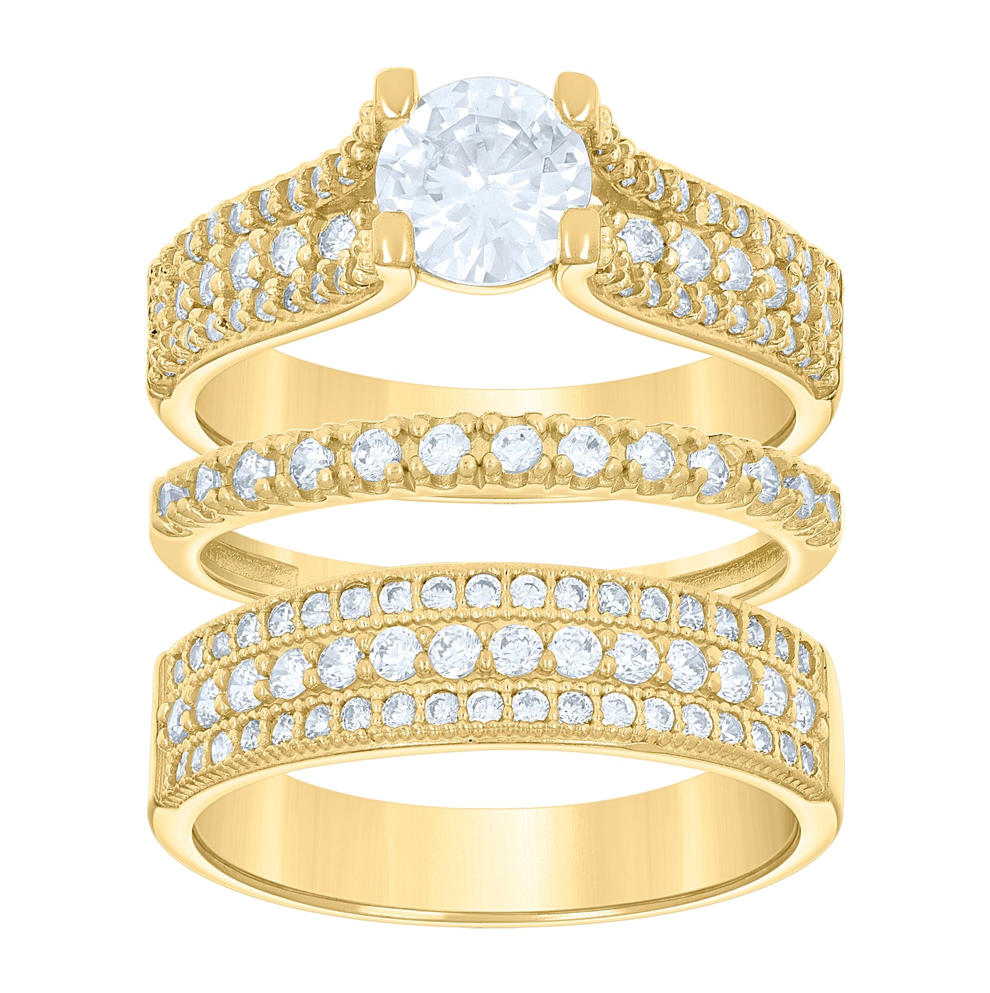 14K Gold Womens Two-Tone Cubic-Zirconia Trio His Hers Center Stone Princess-Cut Wedding Bridal Set Band Ring