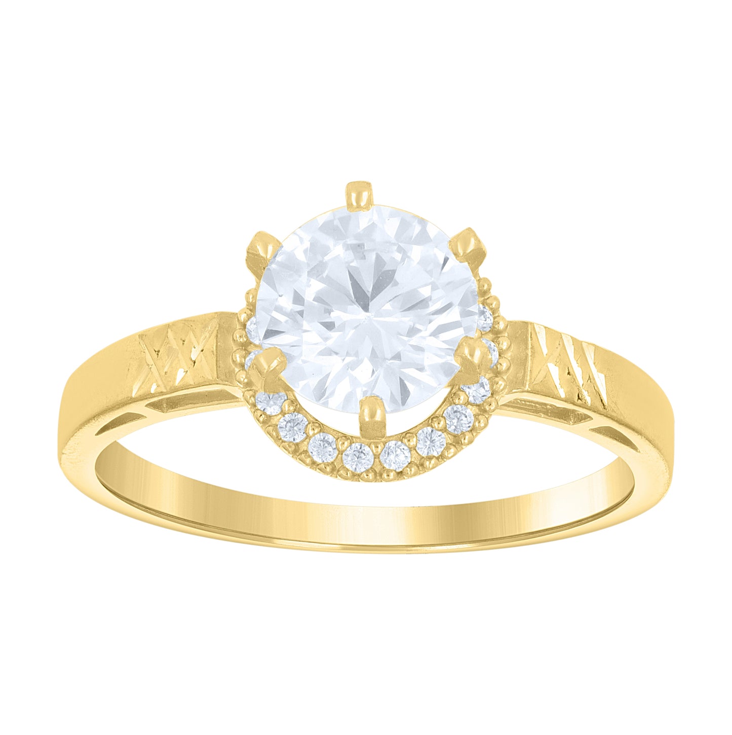 14K Gold Womens Two-Tone Cubic-Zirconia Diamond-Cut Round Halo Center Wedding Engagement Band Ring
