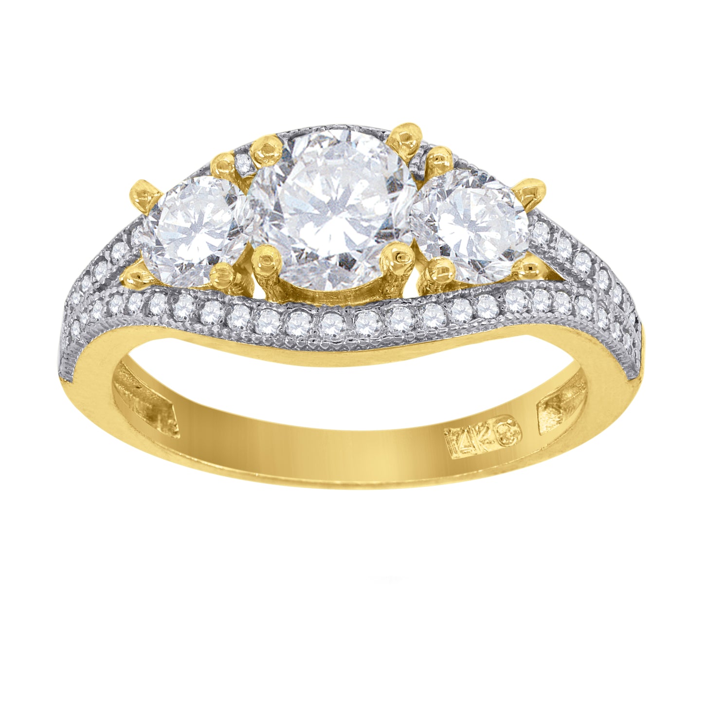 14K Gold Womens Two-Tone Cubic-Zirconia 3 Stones Center Wedding Engagement Band Ring