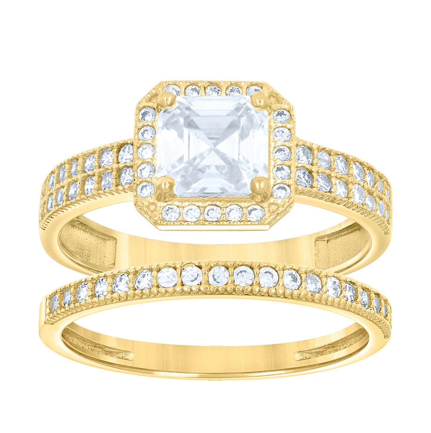 14K Gold Womens Two-Tone Cubic-Zirconia Duo Center Princess-Cut Wedding Bridal Set Band Ring