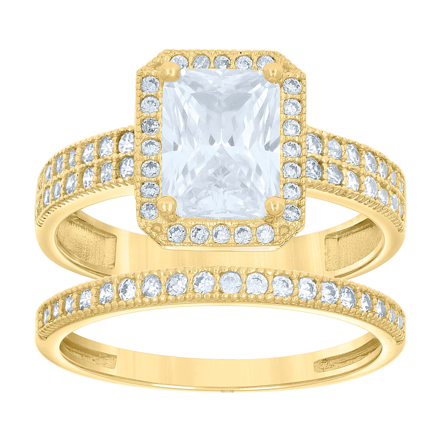 14K Gold Womens Two-Tone Cubic-Zirconia Duo Emerald-Cut Center Stone Wedding Bridal Set Band Ring