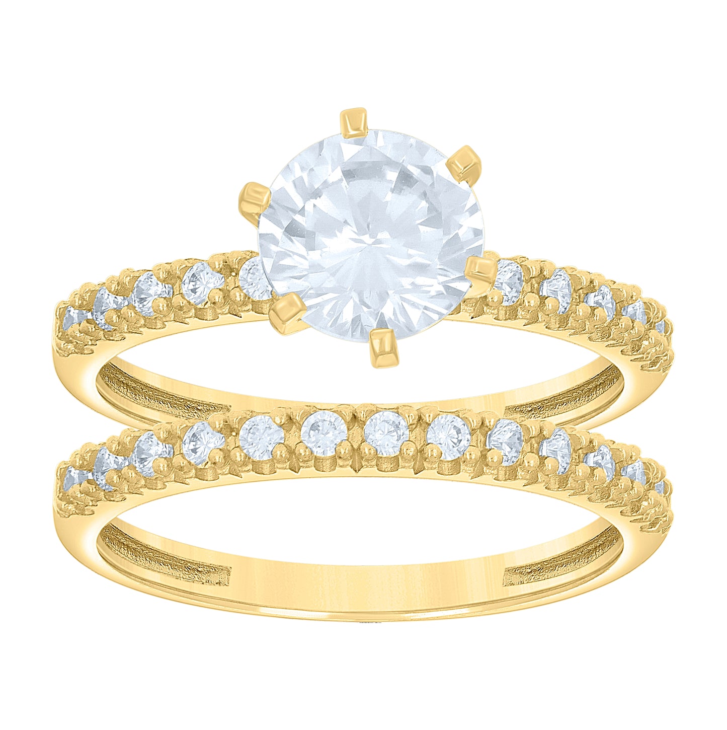 14K Gold Womens Two-Tone Cubic-Zirconia Duo Center Stone Round Wedding Engagement Band Ring