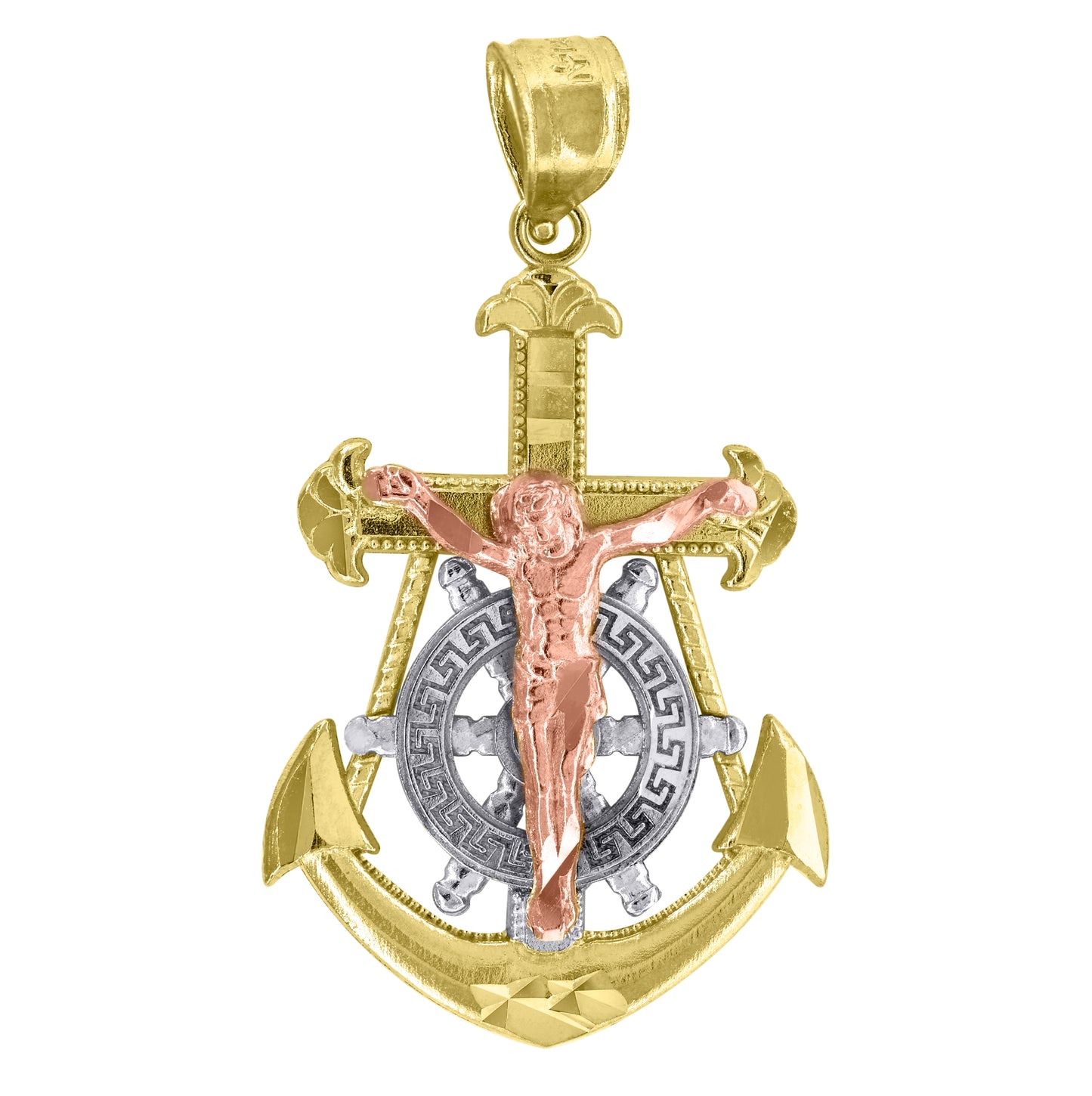 14K Gold Unisex Tri-Color Anchor Cross Crucifix Religious Ht:32Mm Pendant Charm