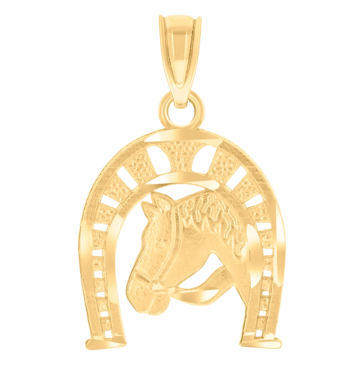 14K Yellow Gold Unisex Diamond-Cut Horse Shoe Animal Ht:21.5Mm Good Luck Pendant Charm